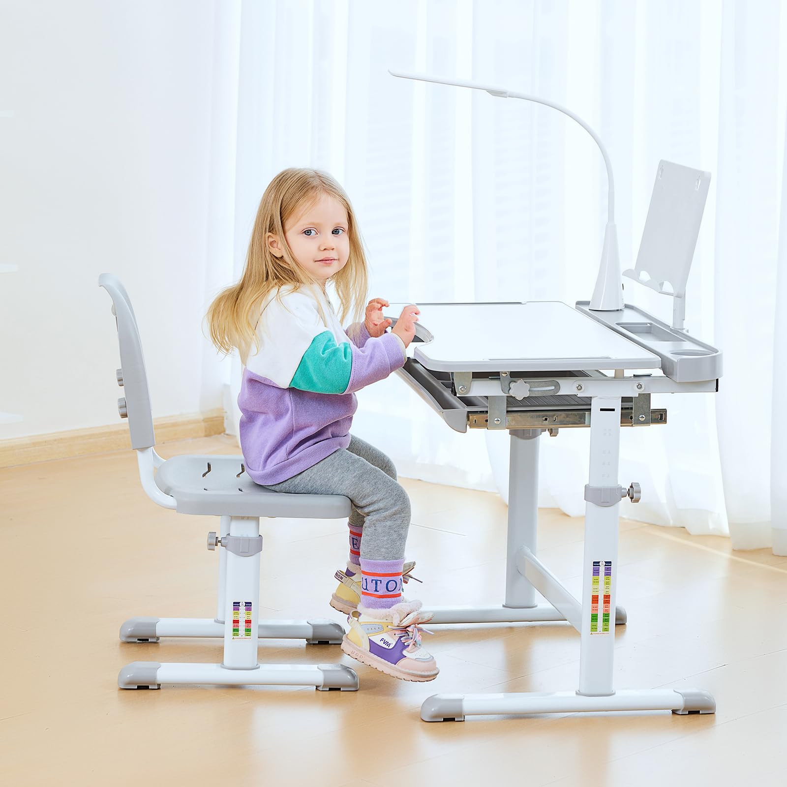 Diroan Adjustable Kids Desk and Chair Set - Ergonomic Study Desk with LED Light, Book Stand, Storage Drawer & Metal Hook - Height Adjustable Children's Learning Table for Boys & Girls (Grey) - Perfect for Homeschooling, Online Classes & Bedroom Study Space