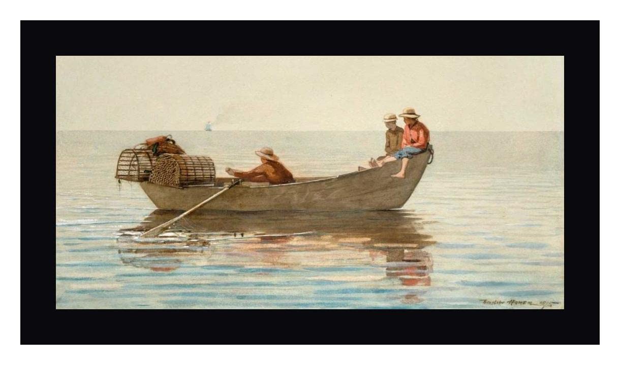 Three Boys in a Dory with Lobster Pots by Winslow Homer - 17x30 Inch Framed Canvas Art Print with Black Frame - Ready to Hang Wall Decor for Living Room, Bedroom or Office