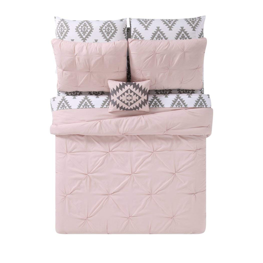 7-Piece Girls' White & Light Pink Pinch Pleated Comforter Set - Full Size Pintuck Diamond Tufted Bedding with Aztec Ikat Tribal Motif - Soft Microfiber Textured Pattern for Kids' Bedroom Decor & Cozy Sleep