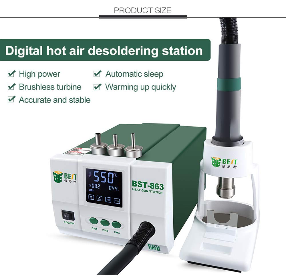 BST-863 Professional Desoldering Station with Smart Touch Screen & LCD Display - 1200W 110V Lead-Free Soldering Tool for Electronics Repair - Ideal for PCB Maintenance, DIY Projects, and Industrial Use - GOLDEN BLUE