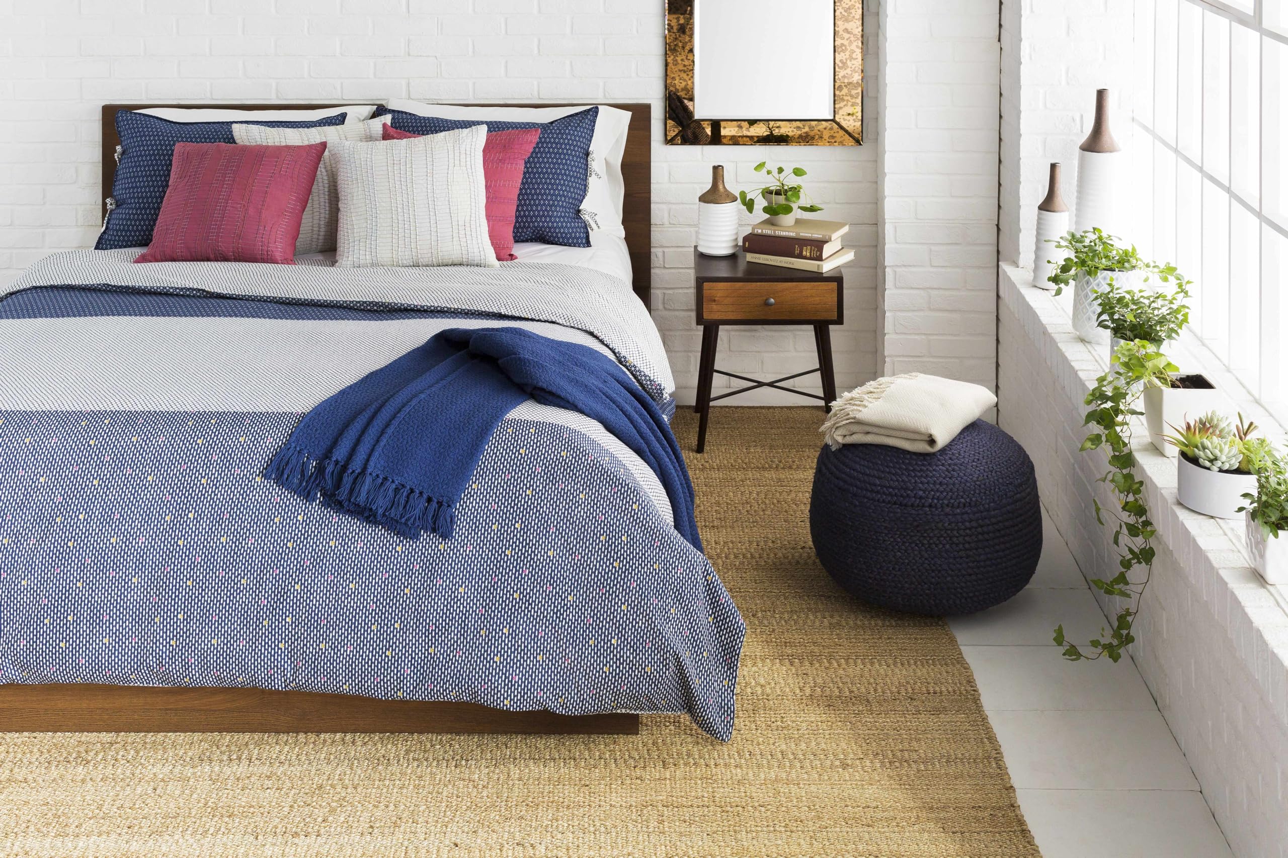 Hauteloom Gail Natural Wicker Jute Round Pouf Ottoman - Braided Woven Foot Stool with 100% Polybead Fill - Dark Blue Cylinder Ottoman 19.75