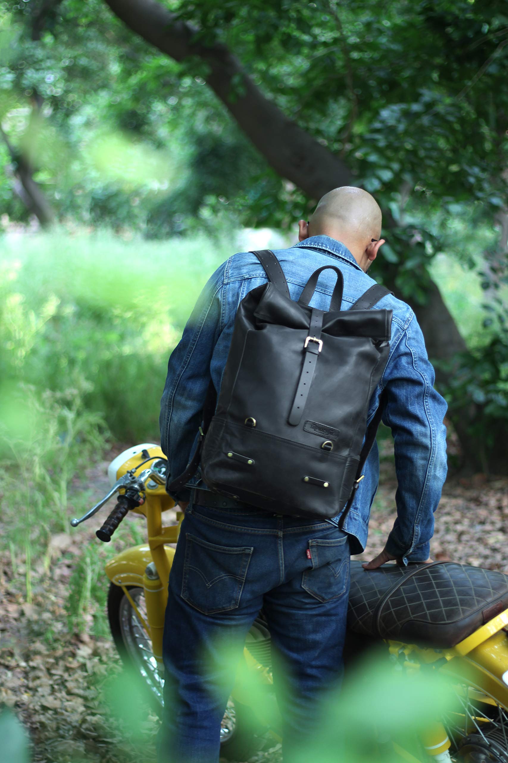 Trip Machine Leather Rolling Backpack - Waterproof Motorcycle Pannier & Travel Laptop Bag with 15L Capacity | Classic Roll Top Design for Commuting, Business Trips & Adventure Riding (Black)