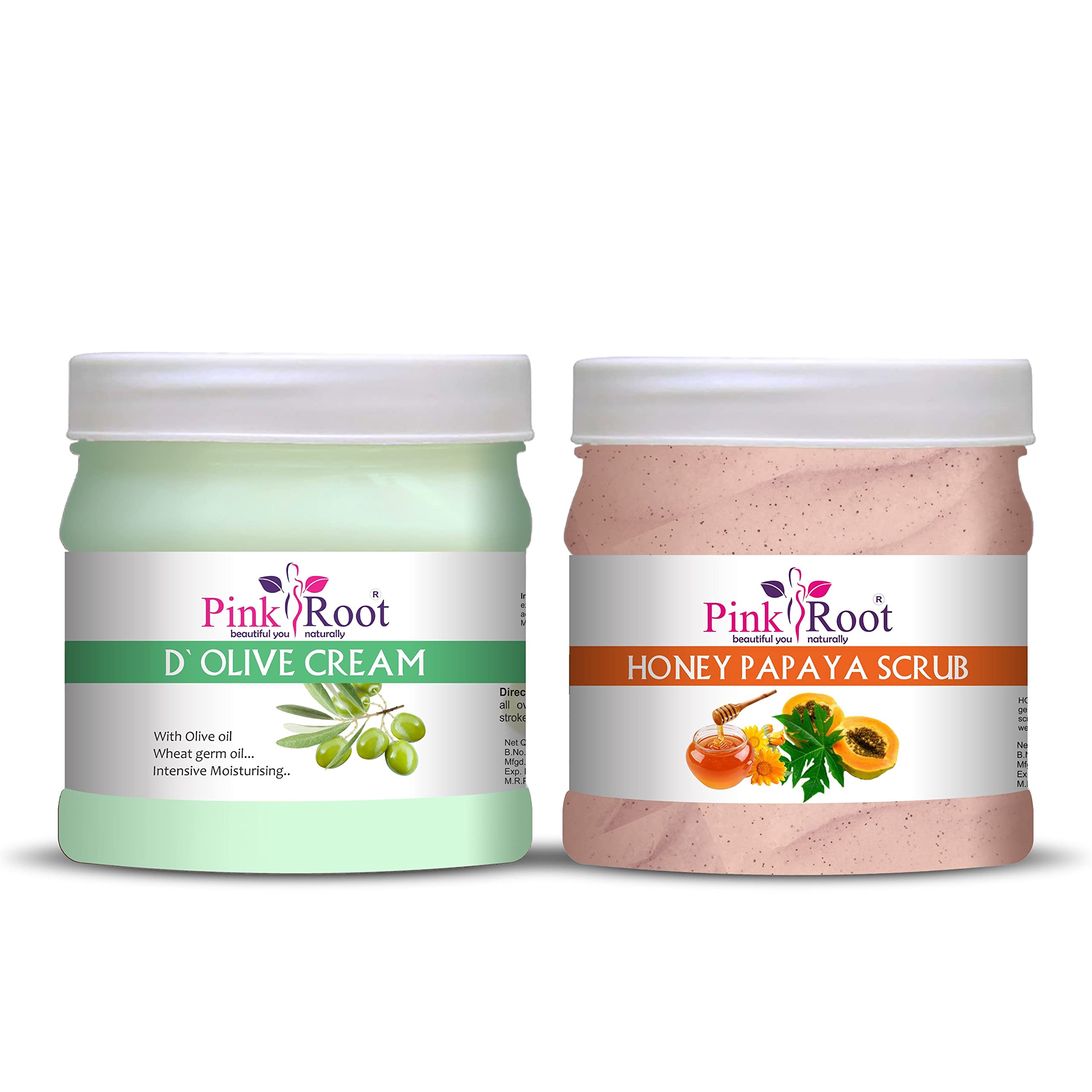 Pink Root D Olive Cream 500ML with Honey Papaya Scrub 500ml - Natural Skincare Set for Hydration & Exfoliation - Perfect for Dry Skin Care & Body Treatment