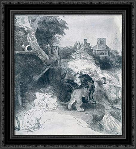 St. Jerome in Italian Landscape - 20x22 Inch Black Ornate Wood Framed Canvas Art Print by Rembrandt - Perfect for Living Room, Bedroom or Office Wall Decor