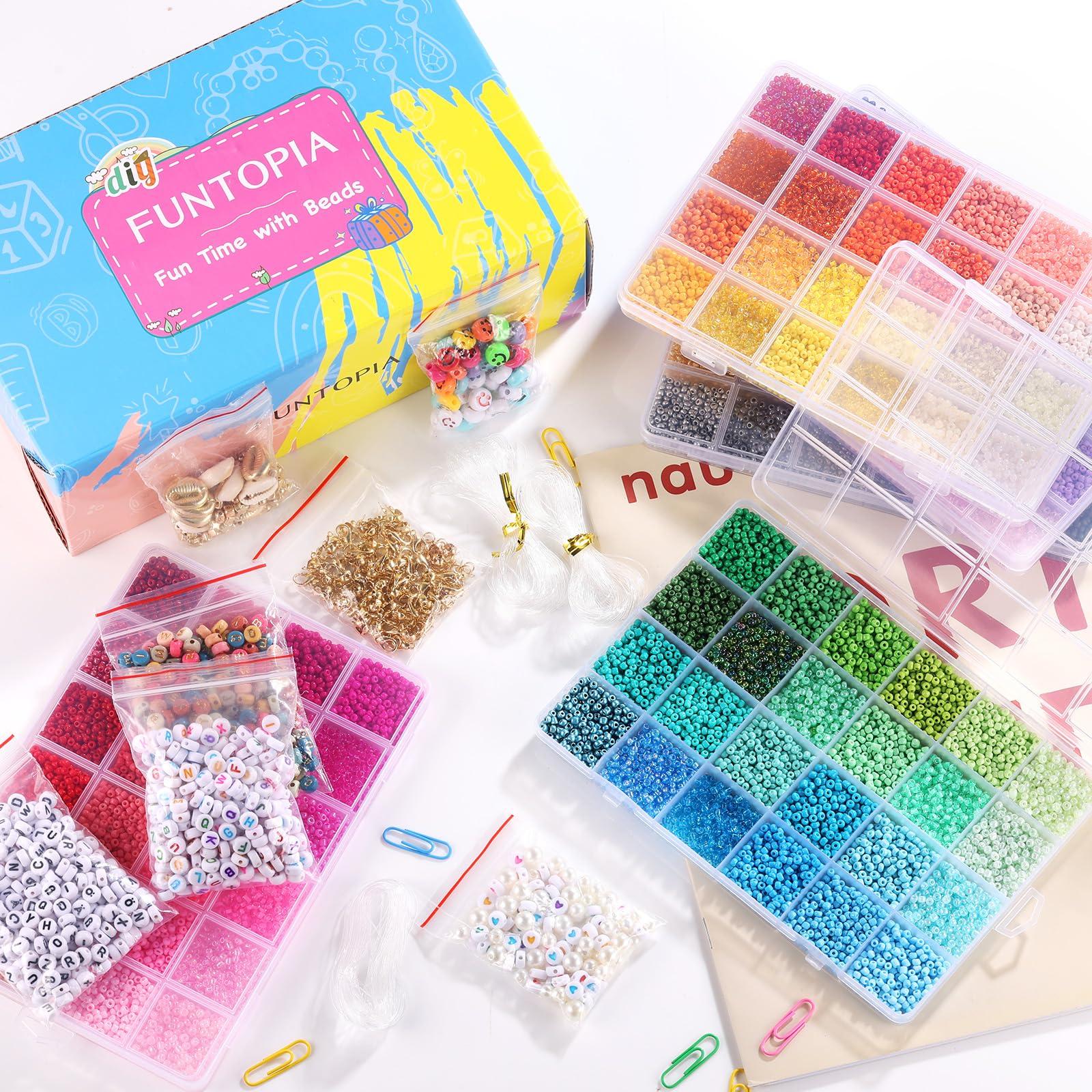 Funtopia 13000+ 4mm Glass Seed Beads for Jewelry Making - 120 Color Bead Kit with Alphabet Letters & Smiley Faces - DIY Bracelet, Friendship Bracelet, Necklace Making Supplies - Perfect for Crafts, Gifts & Kids Art Projects