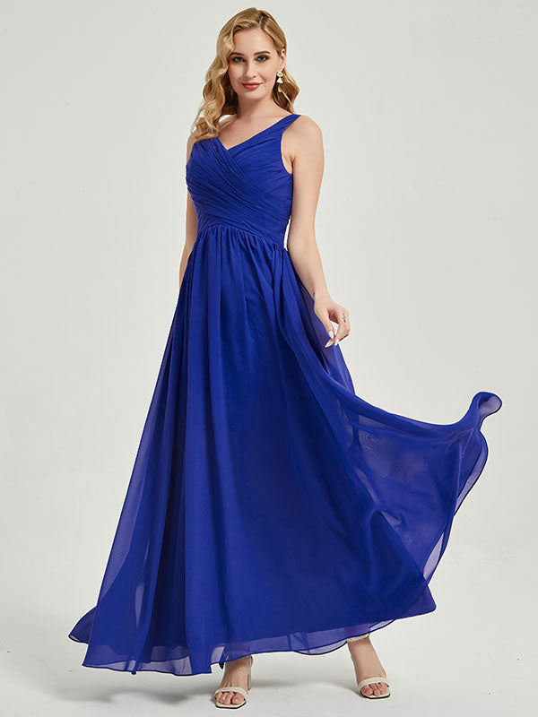 Elegant Blush Wide Straps Sleeveless V-Neck Pleated Flowy Bridesmaid Dress for Weddings, Parties & Special Occasions