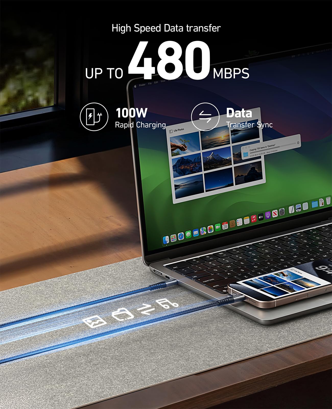 100W USB C to USB C Cable 15FT - Extra Long Fast Charging Braided Type C Cable - Compatible with iPhone 16/15/Pro/Plus/Pro Max, Samsung Galaxy S23, LG, Nintendo Switch - Perfect for Home, Office & Travel Charging