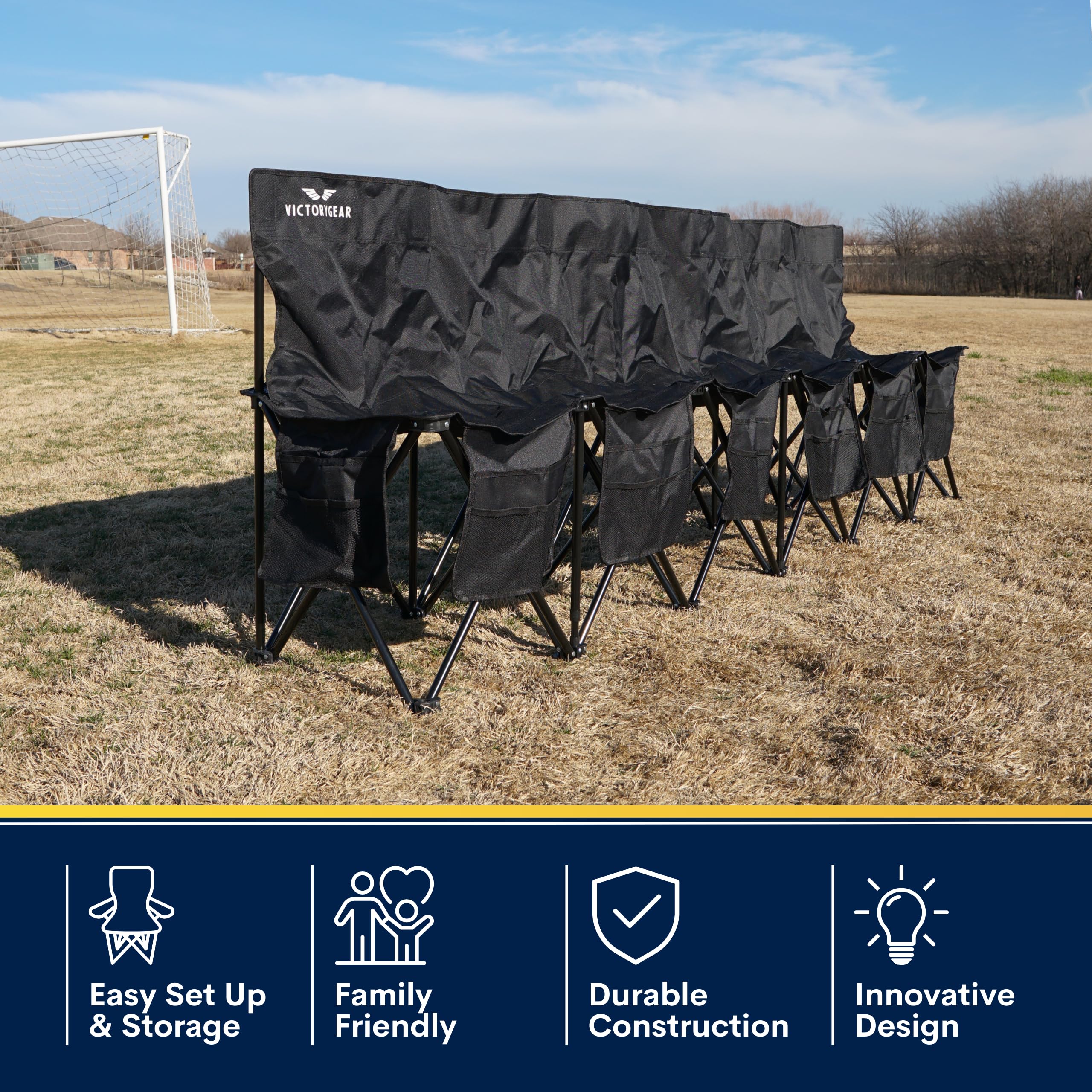 6-Seat Foldable Soccer Team Bench with 8 Pockets & Carry Bag - Portable Sideline Bench for Soccer Games, Practices & Outdoor Sports Events - Durable Folding Sports Bench for Coaches, Players & Spectators