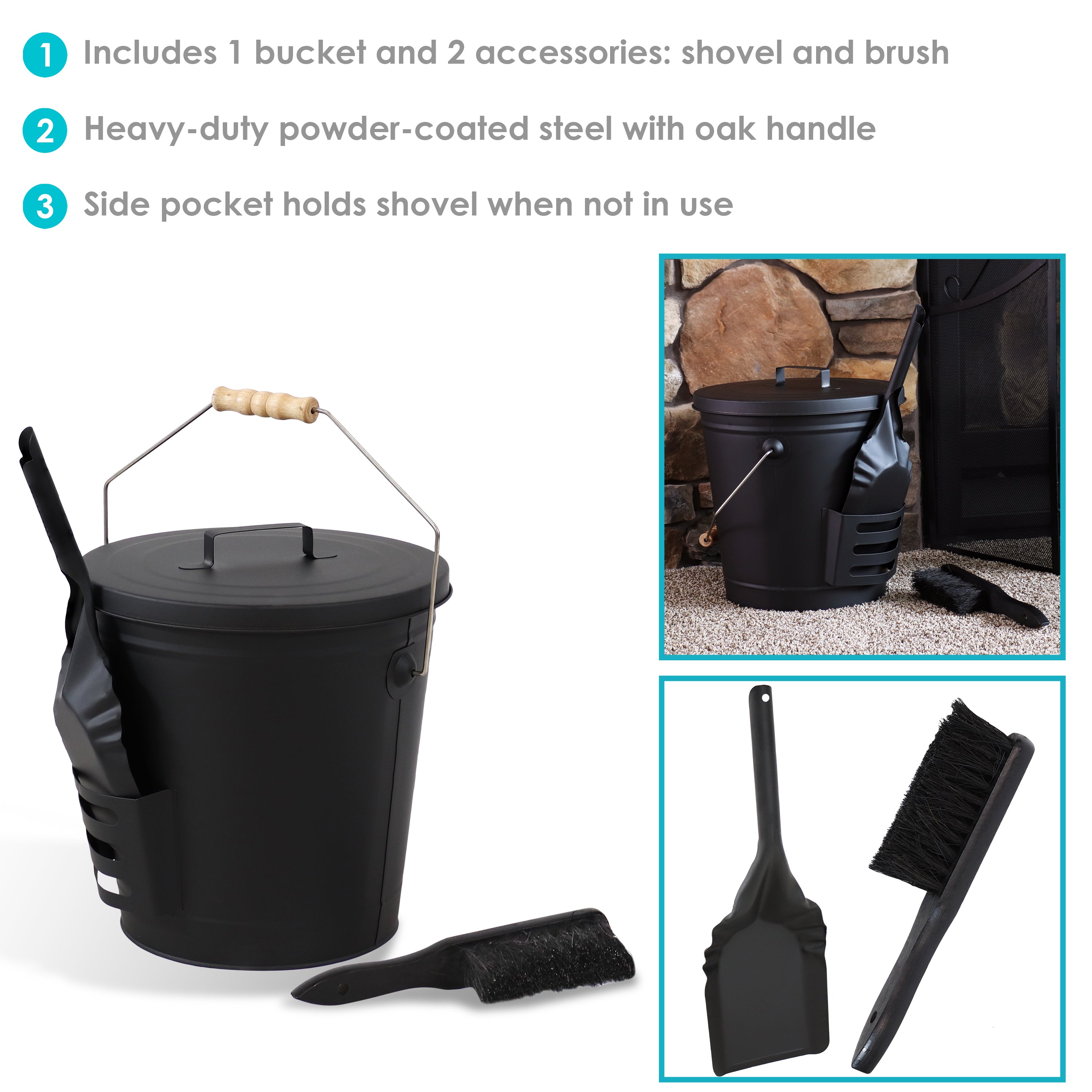 Sunnydaze 5 Gallon Fireplace Ash Bucket with Lid, Shovel & Brush - Heavy Duty Metal Ash Can for Fire Pit, Wood Stove & BBQ Cleanup - Outdoor & Indoor Use