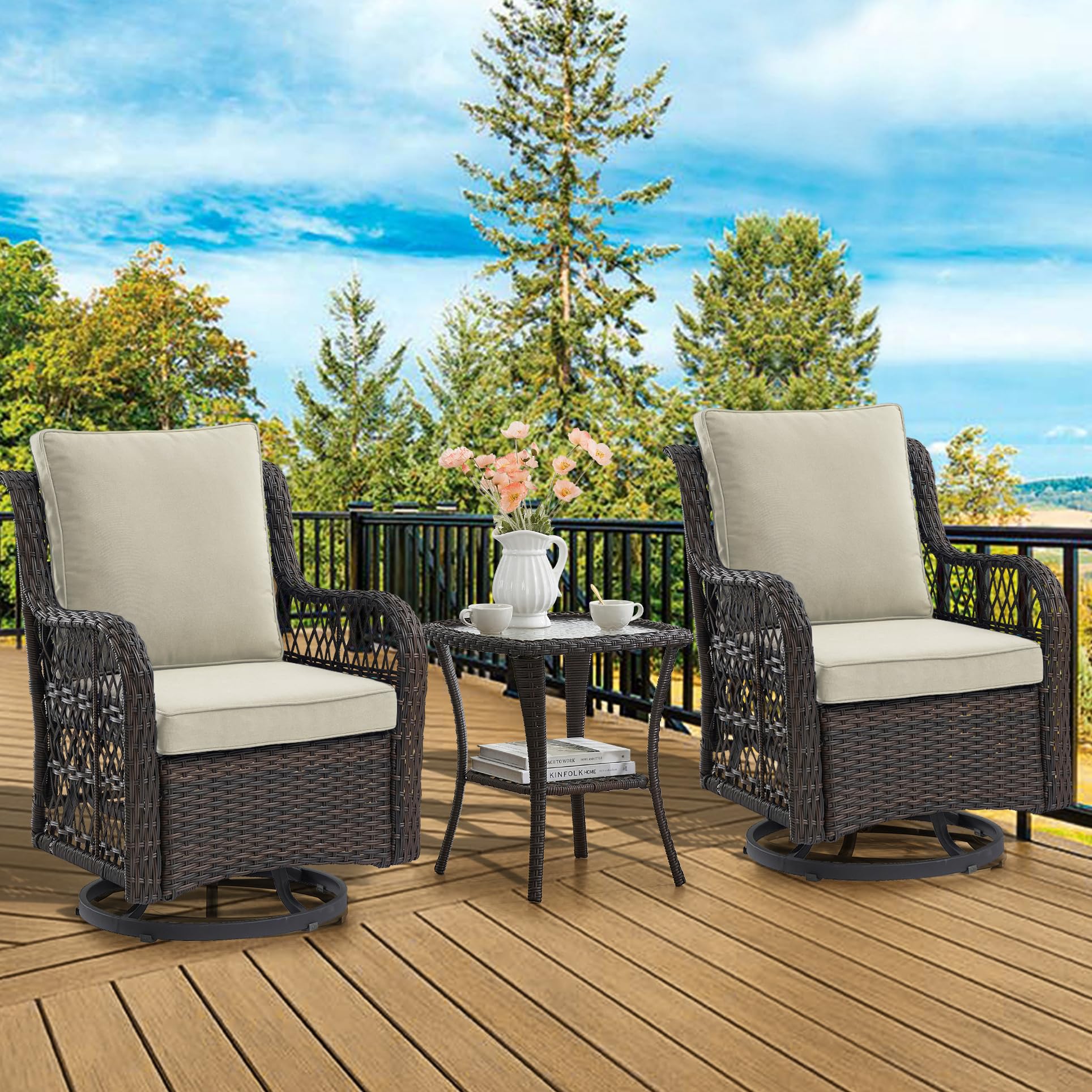 GAOMON 3-Piece Outdoor Swivel Rocking Chair Set with Side Table - 360° Rotating Patio Rocker Chairs for Porch, Poolside & Garden - Dark Brown Wicker with Apricot Cushions (Perfect for Relaxing, Sunbathing & Entertaining Guests)