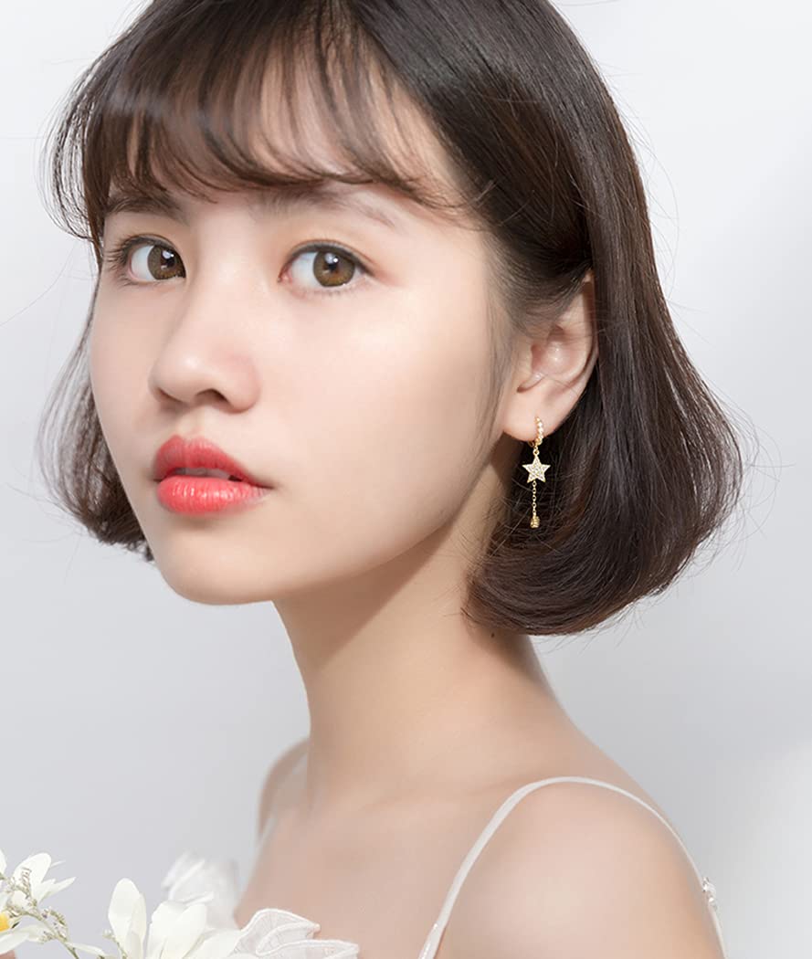 SLUYNZ 925 Sterling Silver Star Dangle Hoop Earrings for Women - CZ Drop Earrings with Asymmetric Chain Design | Perfect for Parties, Date Nights & Everyday Wear
