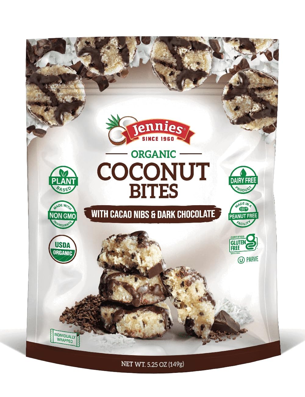 Organic Coconut Bites with Cacao Nibs & Dark Chocolate - 5.25oz (6 Pack) | Gluten Free, Peanut Free, Dairy Free, Non GMO Snacks | Healthy Vegan Treats for On-the-Go, Office & Travel Snacking