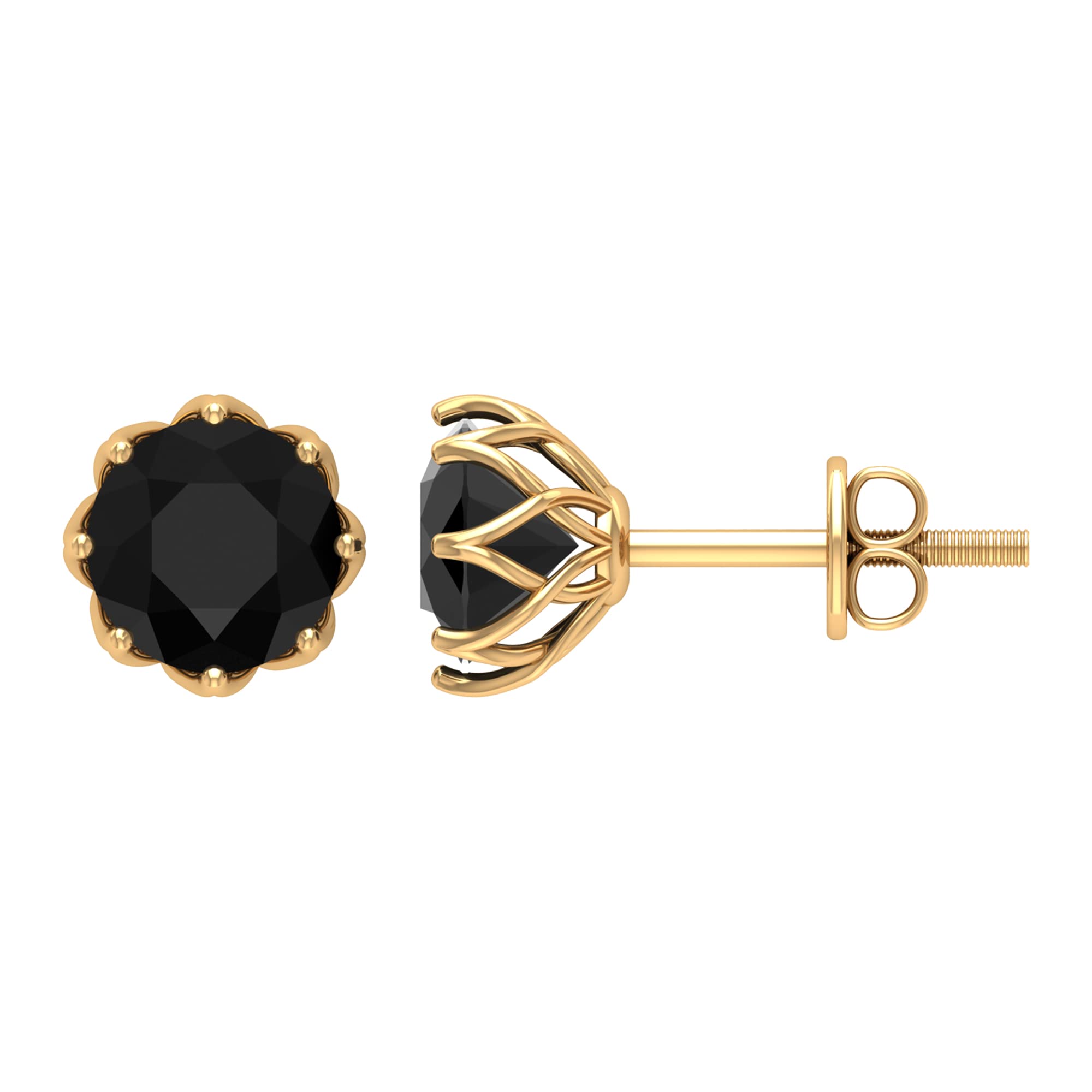 Black Diamond Solitaire Stud Earrings in Floral Setting - Elegant 14K Gold Earrings for Women, Perfect Birthday Gift & Anniversary Jewelry for Everyday Wear or Special Occasions