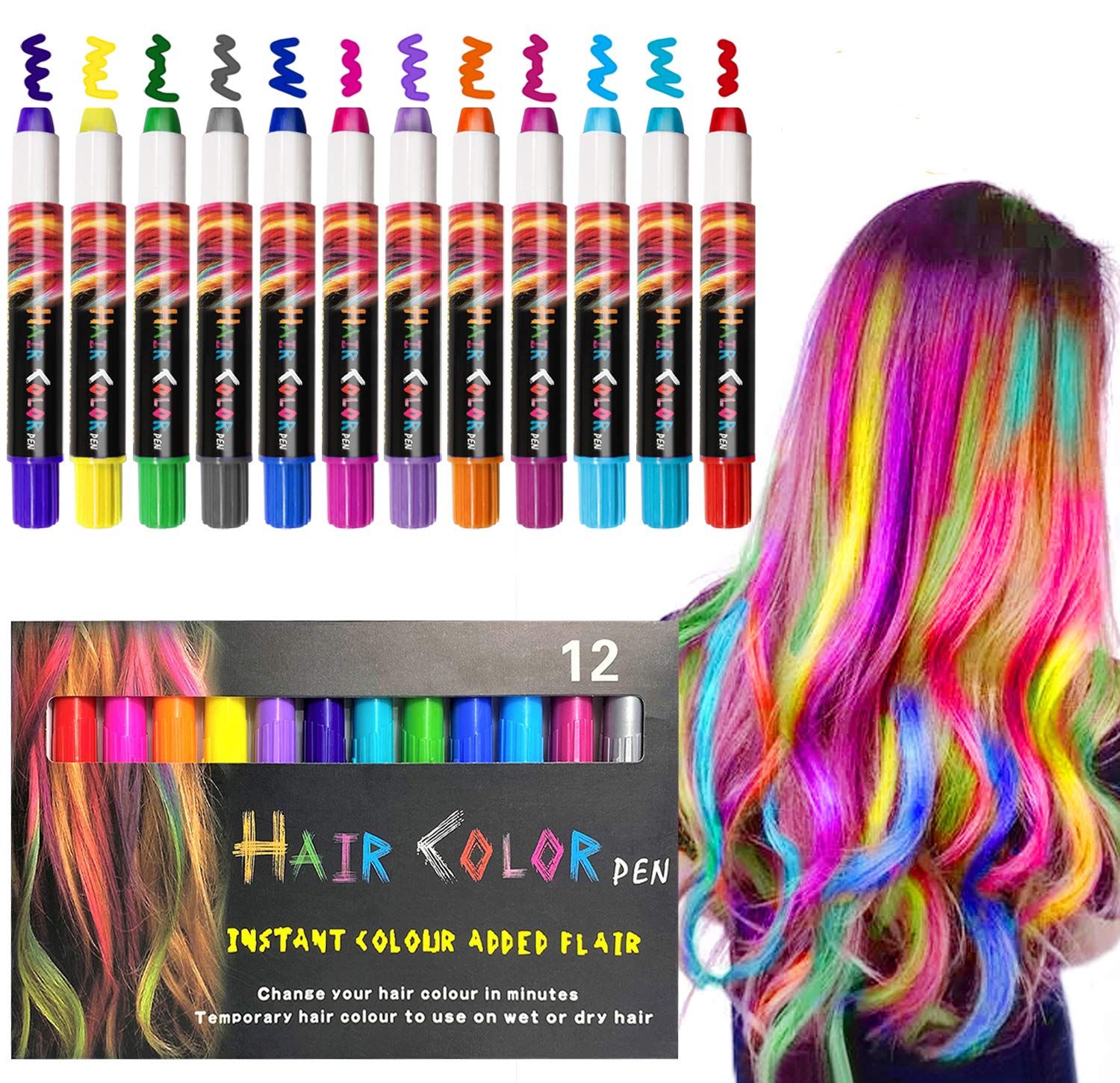 EBANKU 12 Color Temporary Hair Chalk Set - Washable Hair Color Dye Pens for Girls & Adults - Perfect for Halloween, Cosplay, Birthday Parties & Festive Events - Non-Toxic & Easy to Wash Out
