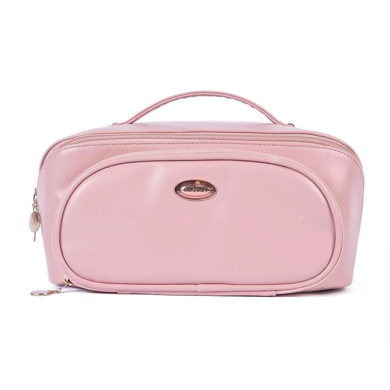 Leather Makeup Pouch Bag - Wide Opening Cosmetic Organizer for Travel & Toiletry