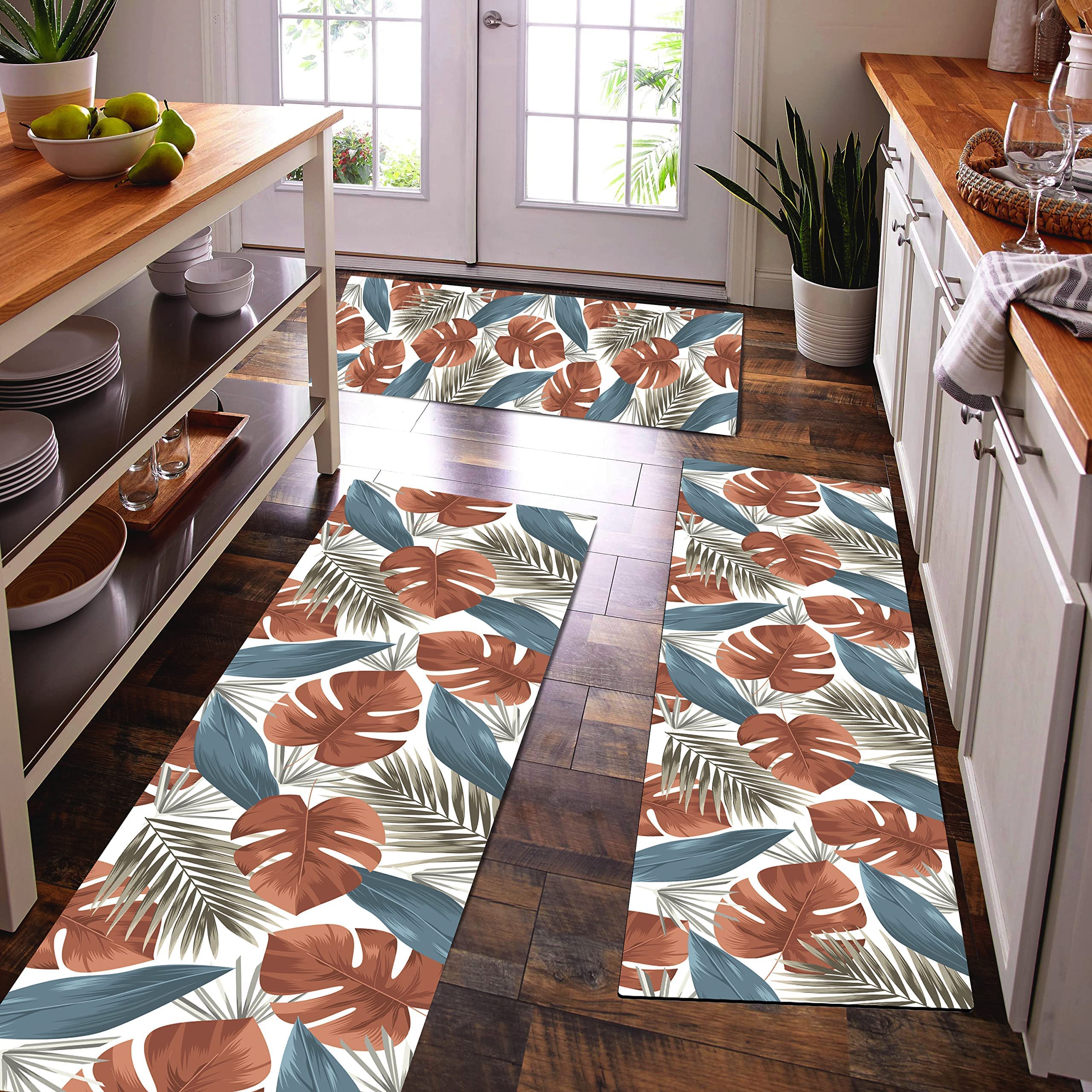 Artnice 2-Piece Anti-Fatigue Kitchen Mats with Watercolor Palm Leaf Design - Non-Slip PVC Waterproof Floor Rugs for Kitchen, Hallway, Bedroom & Living Room - Perfect for Cooking, Holiday Decor & Home Comfort