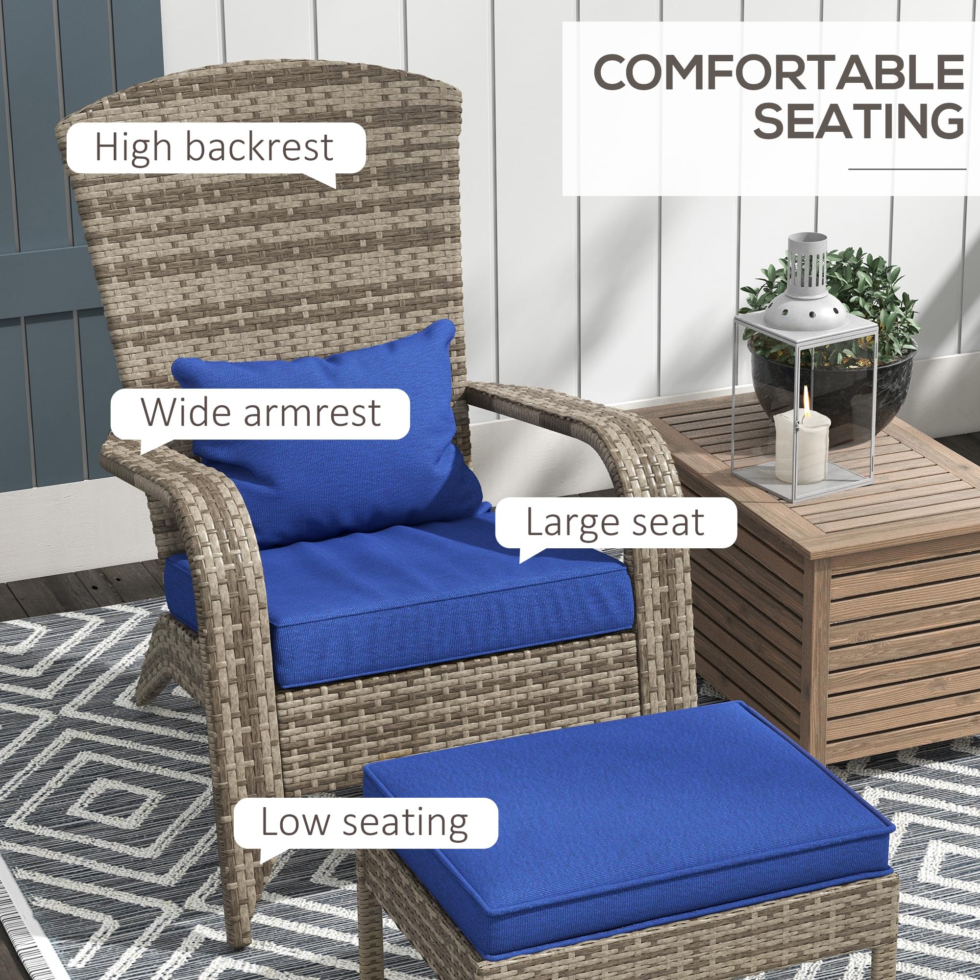 Outsunny Dark Blue Wicker Adirondack Chair with Ottoman & Cushions - High-Back Outdoor Patio Furniture with Large Seat & Armrests - Perfect for Deck, Garden, Backyard & Fire Pit Relaxation