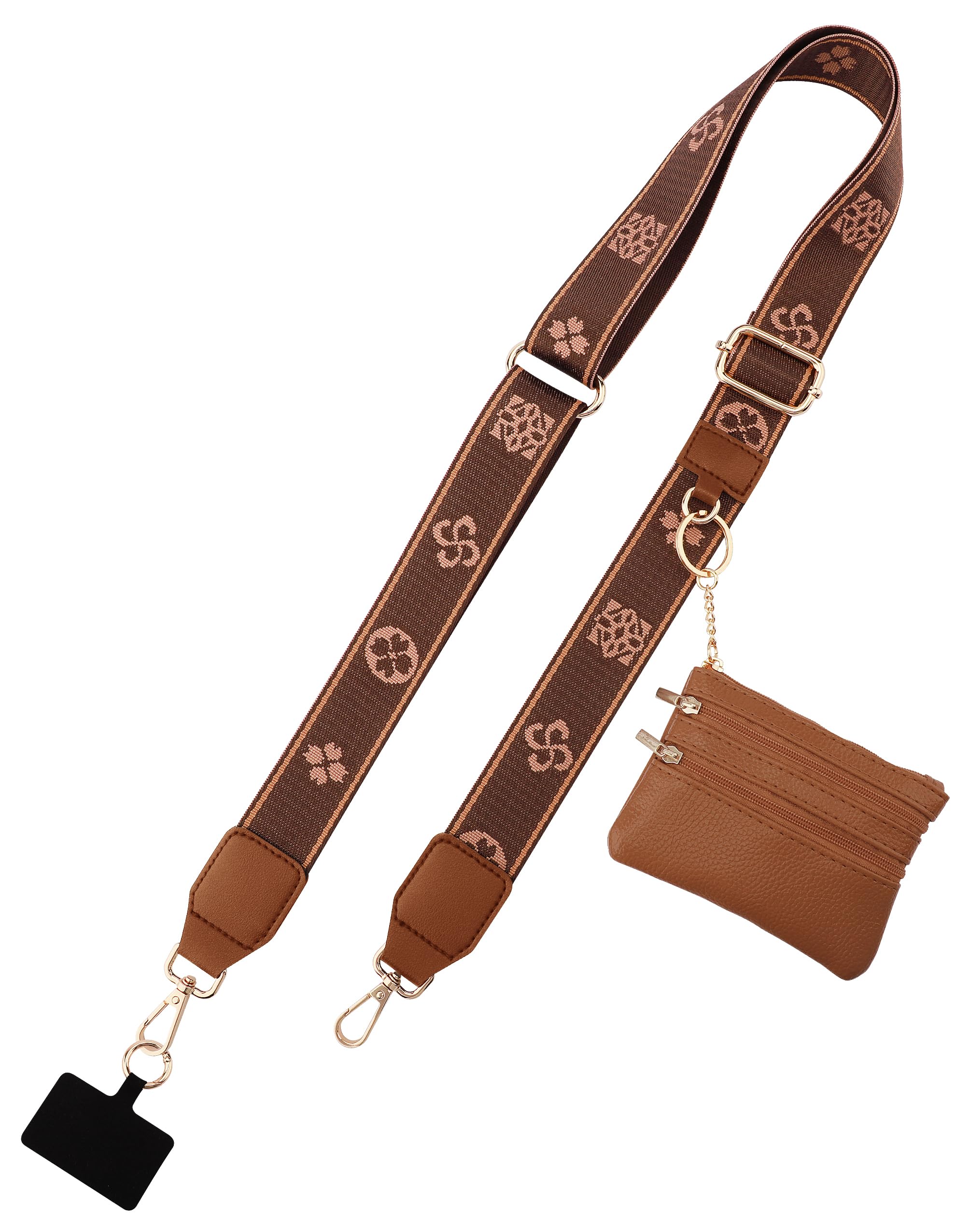 Jusy Clip and Go Strap for Phone with Wallet Crossbody - Adjustable Multifunction Lanyard with Zippered Pouch & Leather Wallet for iPhone, Samsung & All Smartphones (Brown) - Perfect for Travel, Shopping & Hands-Free Convenience