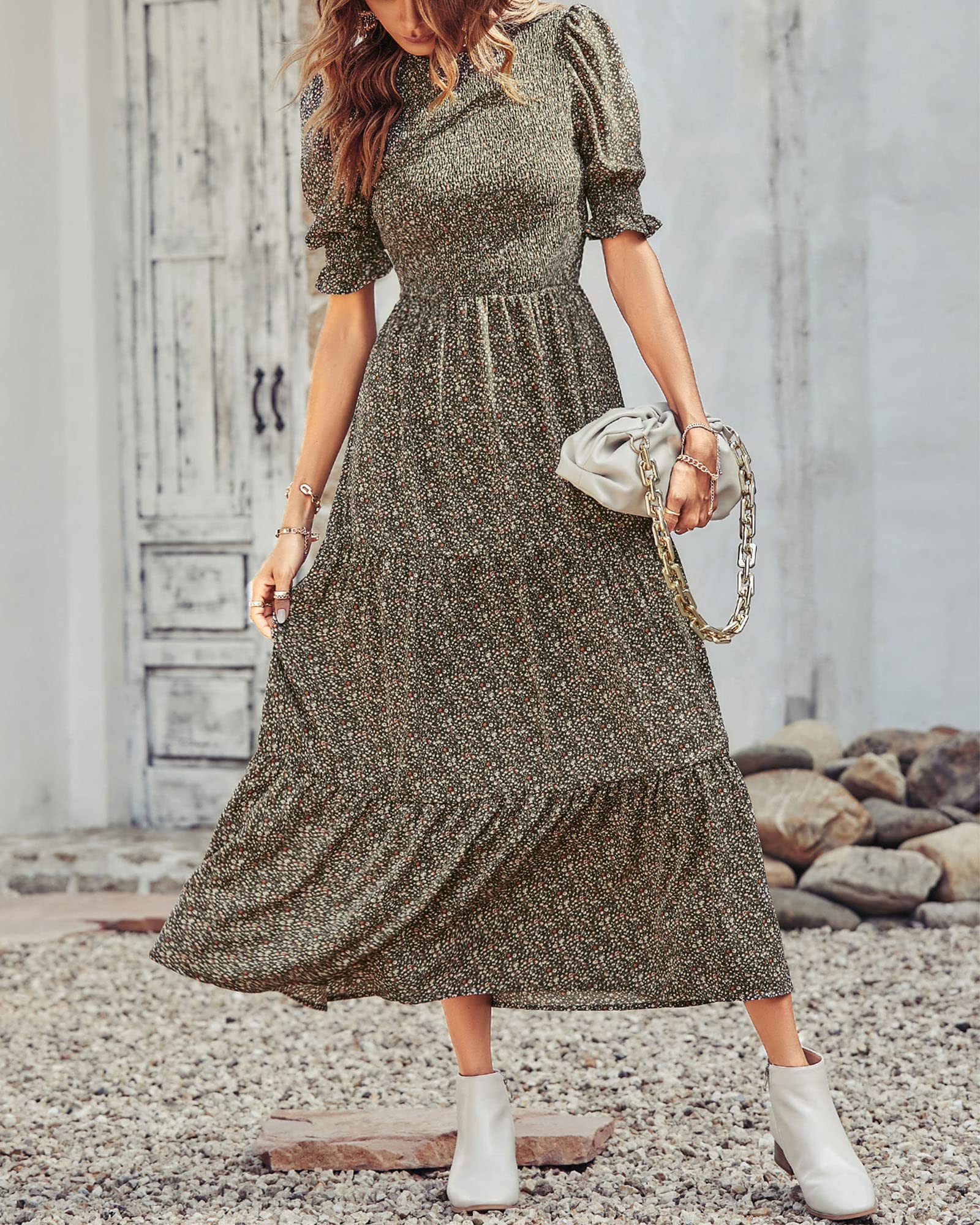 BTFBM Women's Floral Print Boho Maxi Dress - Short Sleeve Crew Neck Ruffle Summer Dress with Smocked Waist | Perfect for Beach Vacations, Music Festivals & Boho Chic Outfits
