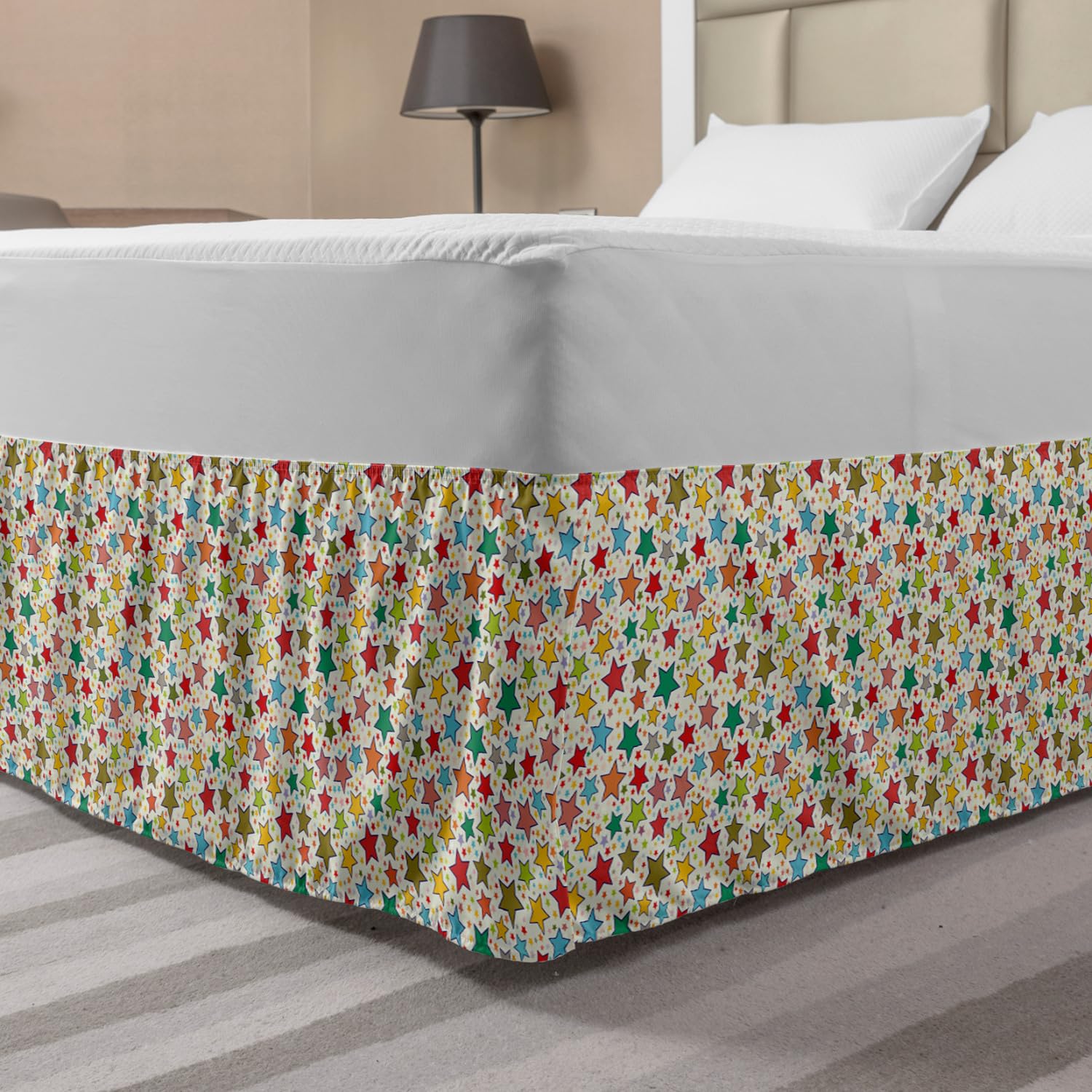 Ambesonne Colorful Bed Skirt with Playful Star Motif - Elastic Wrap Around Gathered Design for Queen Size Beds | Kids Room Decor & Bedroom Aesthetic Upgrade