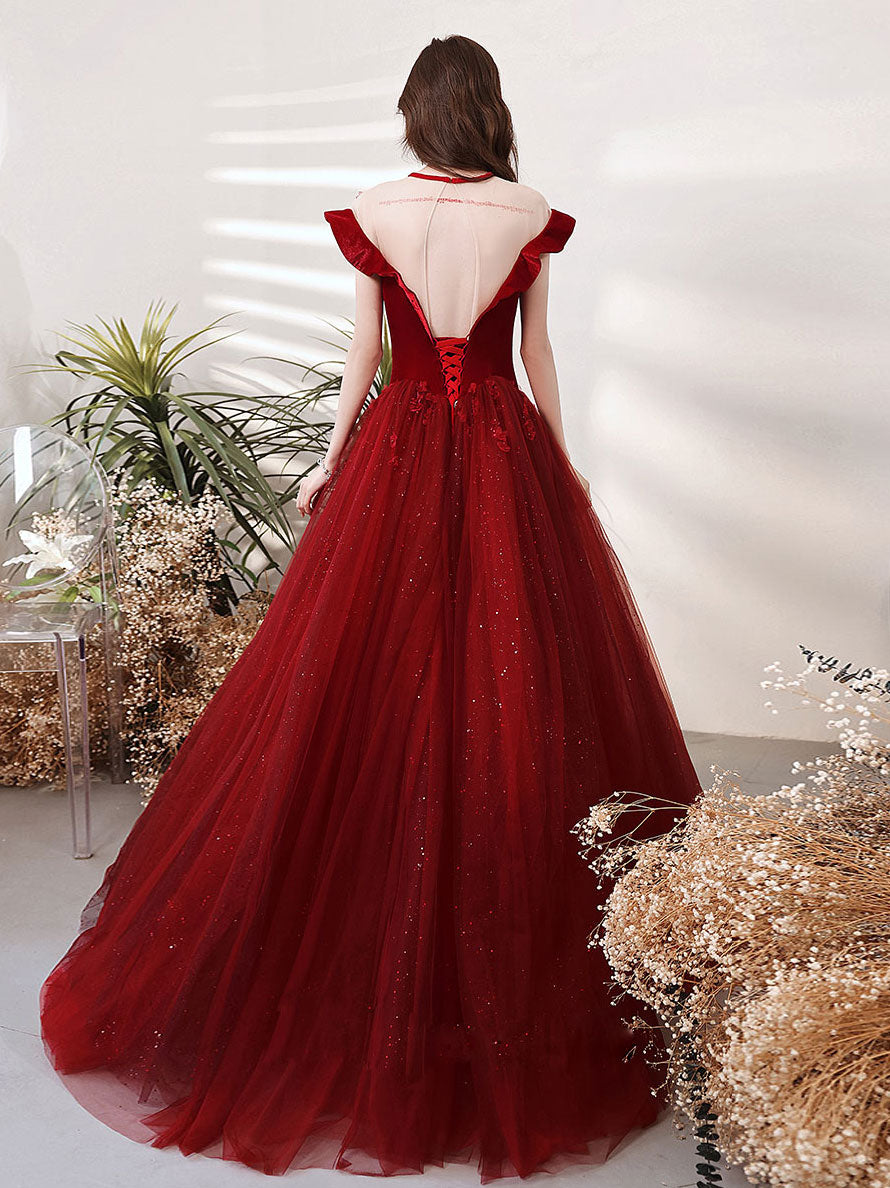 Elegant Burgundy Round Neck Tulle Lace Long Prom Dress - Formal Evening Gown for Homecoming, Wedding, and Special Occasions