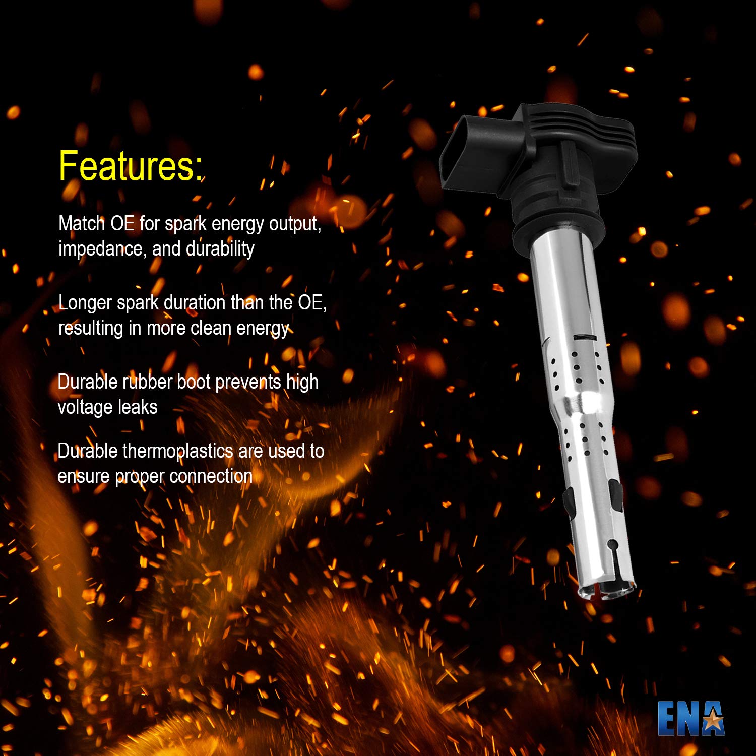 High Performance ENA Ignition Coil Pack Compatible with Volkswagen Audi Beetle Golf Jetta Passat Rabbit Tiguan Eos Q5 R8 RS5 TT Quattro 2.0L 2.5L 4.2L - C1627 UF-575 Replacement Part - Improves Engine Power & Fuel Efficiency for Smooth Driving