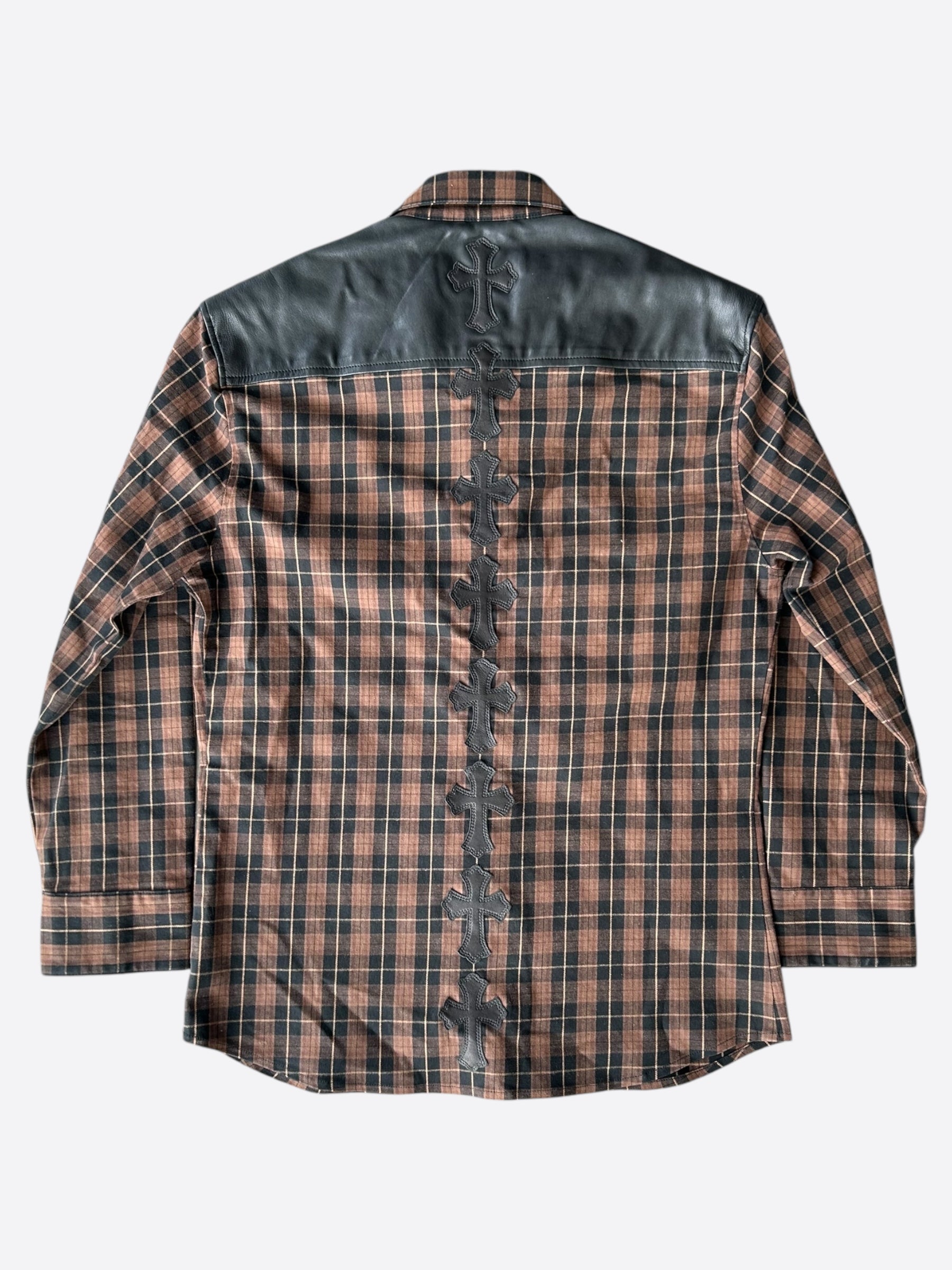 Chrome Hearts Brown & Black Leather Cross Patch Flannel Shirt - Stylish Gothic Fashion for Men & Women - Perfect for Casual Wear, Concerts, and Street Style