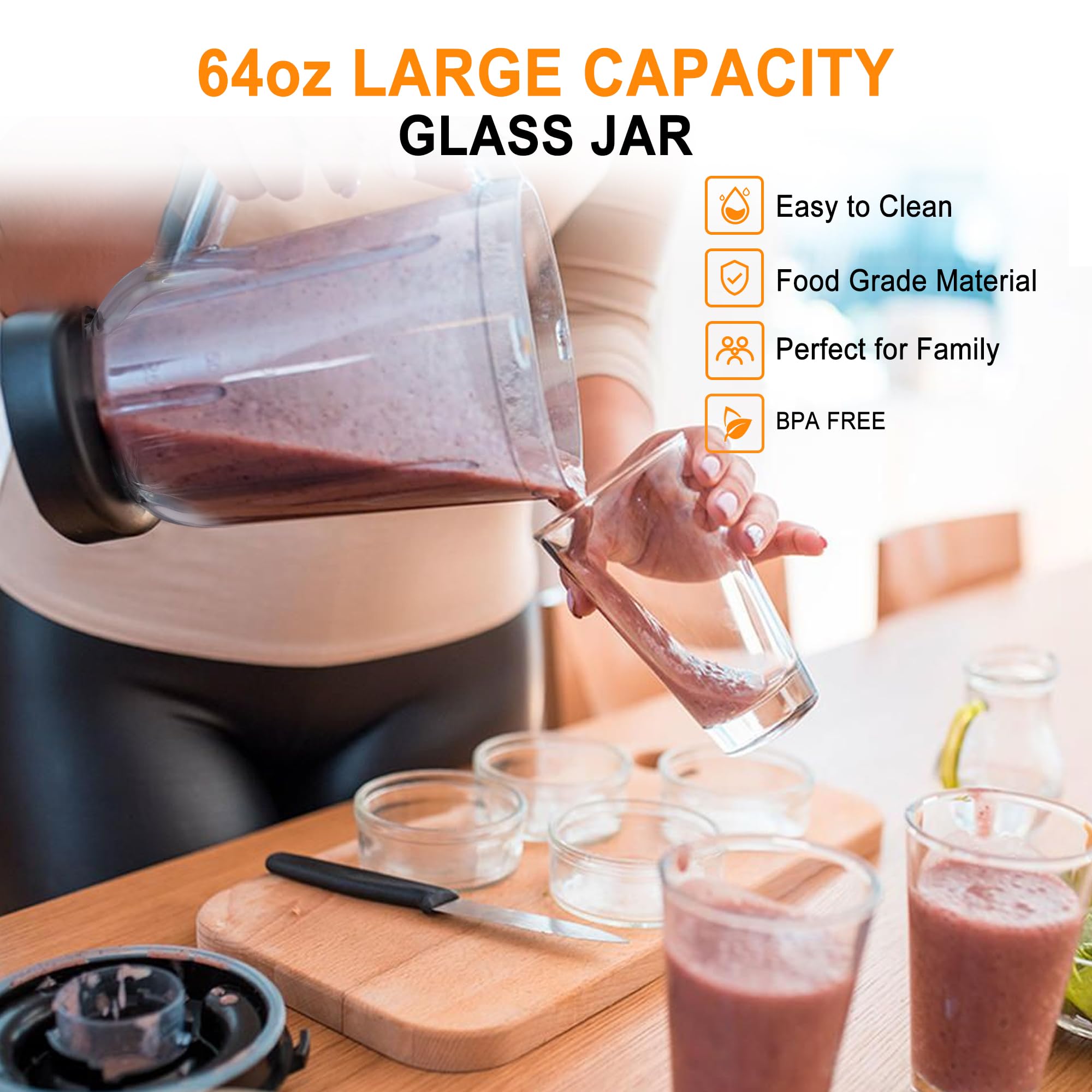 1200W High-Speed Professional Blender with 64oz Glass Jar - Powerful Countertop Blender for Smoothies, Shakes & Frozen Drinks - Perfect for Home Kitchen, Healthy Juicing & Meal Prep