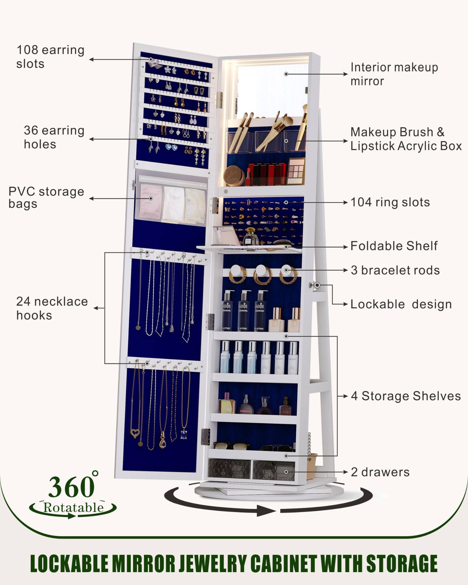 360° Swivel LED Jewelry Cabinet with Full Length Mirror - Lockable White Jewelry Armoire Organizer with Storage Shelves & Lights for Bedroom, Closet, and Dressing Room