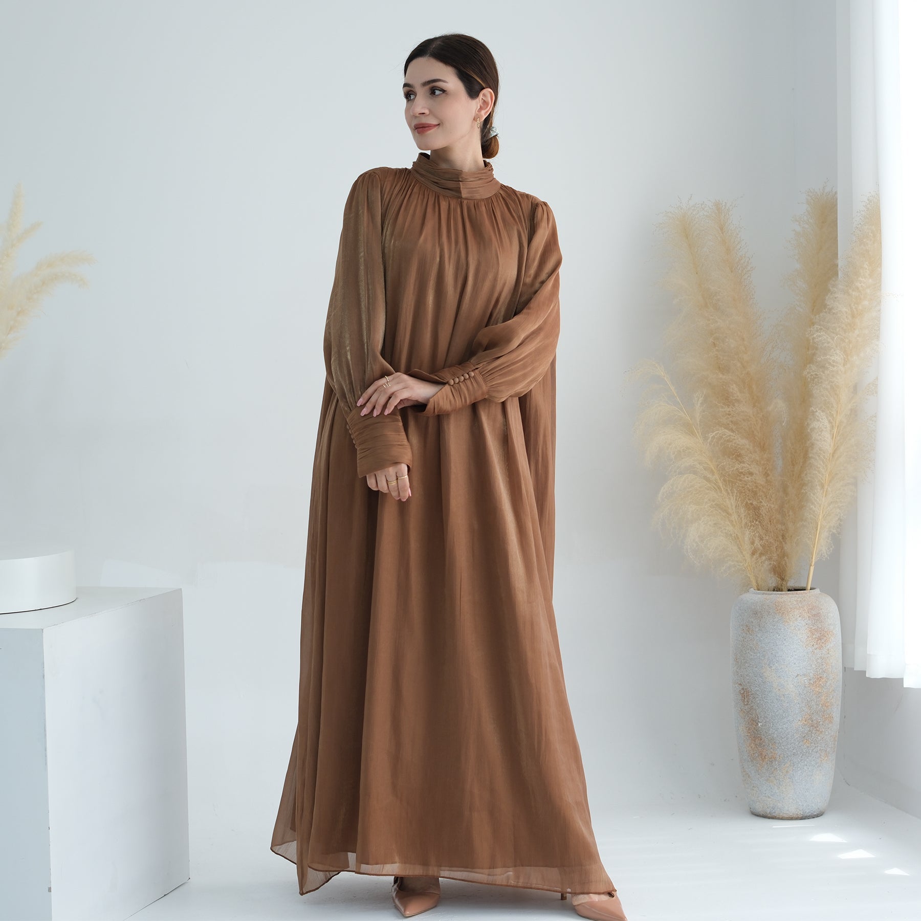 Indira Sparkles Long Sleeve Maxi Dress for Women - Elegant Boho Flowy Evening Gown in Brown | Perfect for Weddings, Parties & Special Occasions