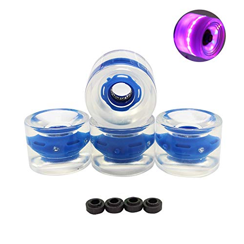 WSF-WHEELS 4PCS HR78A LED Longboard Wheels with Magnet Ring - Transparent PU Skateboard Wheels for Night Riding - Blue LED Skate Wheels for Longboards & Cruisers - Perfect for Night Skating, Commuting, and Street Performance