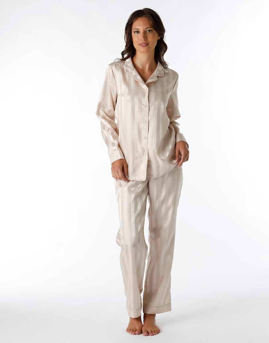 Women's Long Satin Almond Open Front Pajama Set - Elegant Sleepwear for Relaxing at Home & Cozy Lounging