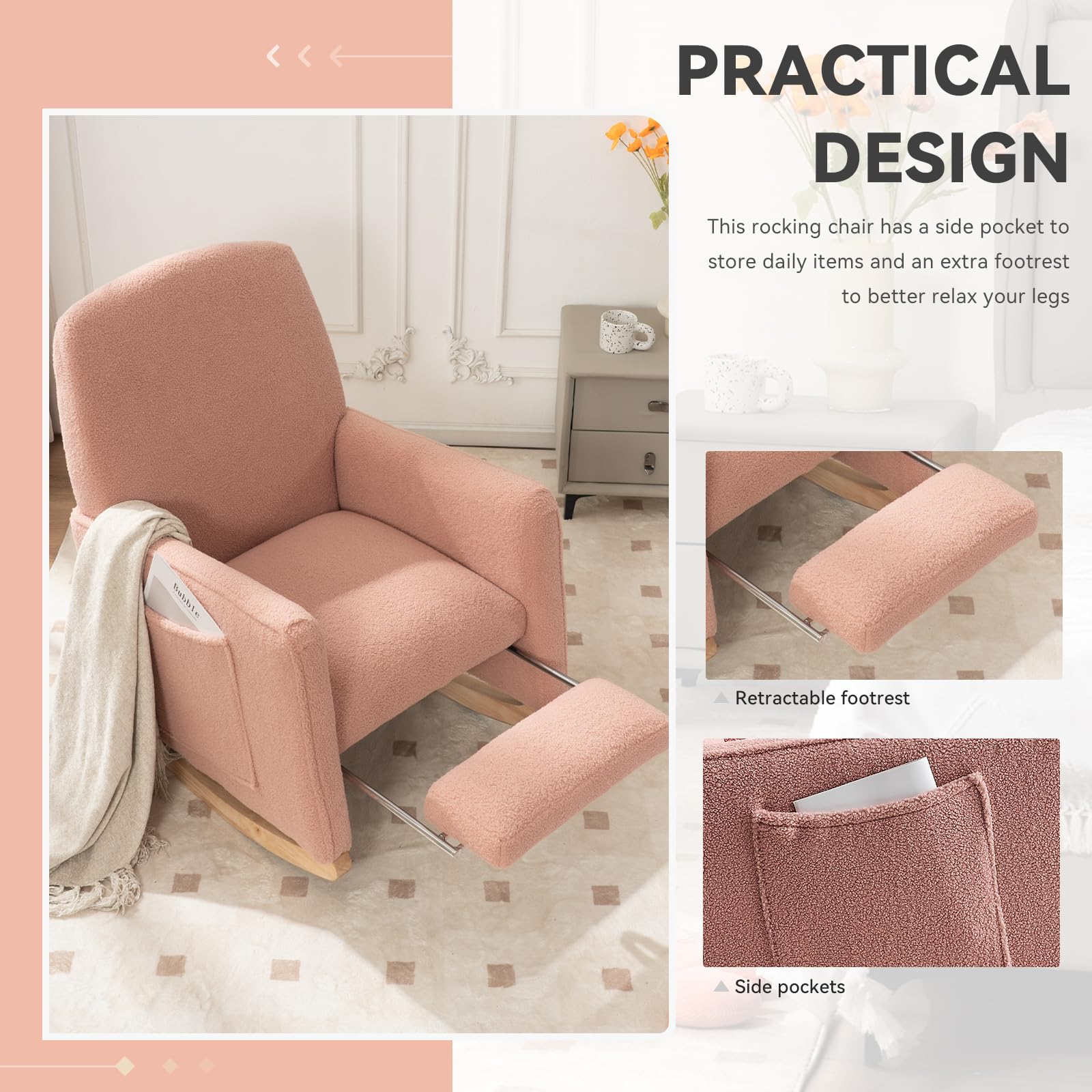 FOXHUNTER Adjustable Nursery Rocking Chair with High Backrest & Footrest - Glider Chair with Side Pockets for Baby Room - Soft Upholstered Rocking Chair for Living Room, Bedroom (Teddy Pink) - Perfect for Nursing, Reading & Relaxing