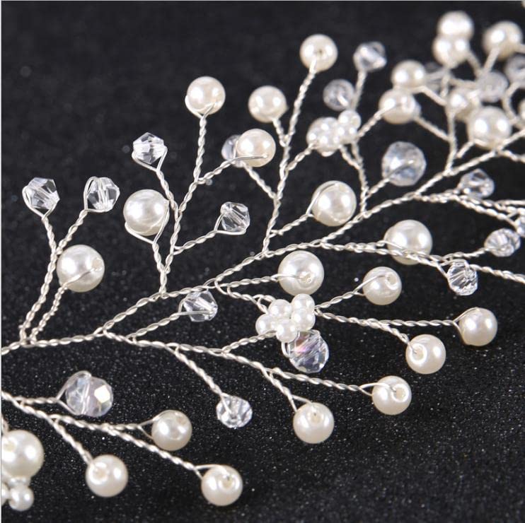 Samyak Handmade Pearl & Crystal Leaf Headband Hair Vine - Silver Bridal Hair Accessories for Wedding, Bridesmaid, Prom, and Special Occasions