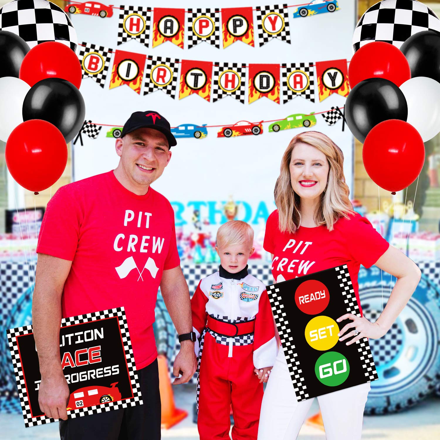 Race Car Birthday Party Decorations Set - Racing Theme Party Signs, Checkered Flags, Balloons & Banner for Boys - Perfect for Kids' Racing Birthday Party, Let's Go Racing Theme Decor & Supplies