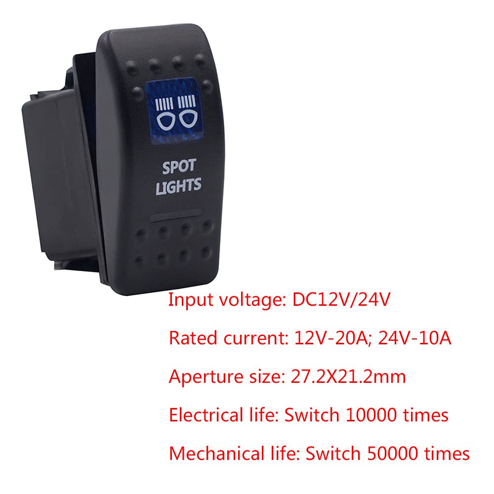 12V/24V 5 Pin Rocker Switch with Dual Blue LED Lights - Waterproof On/Off Toggle Switch for Cars, Boats, RVs, Trucks & Marine Applications - Perfect for Dashboard, Control Panel & Off-Road Lighting Systems