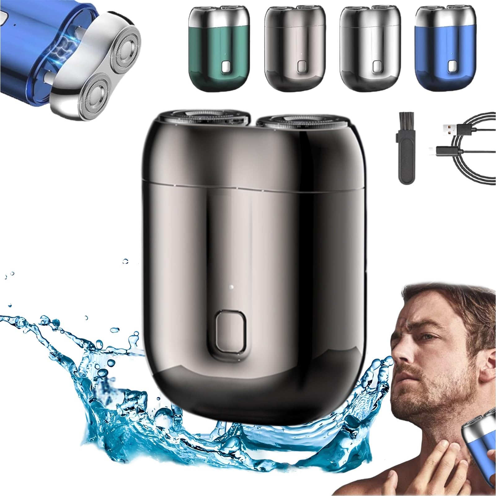 Jacooba Electric Razor for Men - Upgraded Double-Ring Magnetic Cutter, USB Rechargeable Waterproof Shaver with Washable Dual Heads, Compact Travel Design (Gray) - Perfect for Home, Travel & Gym Use