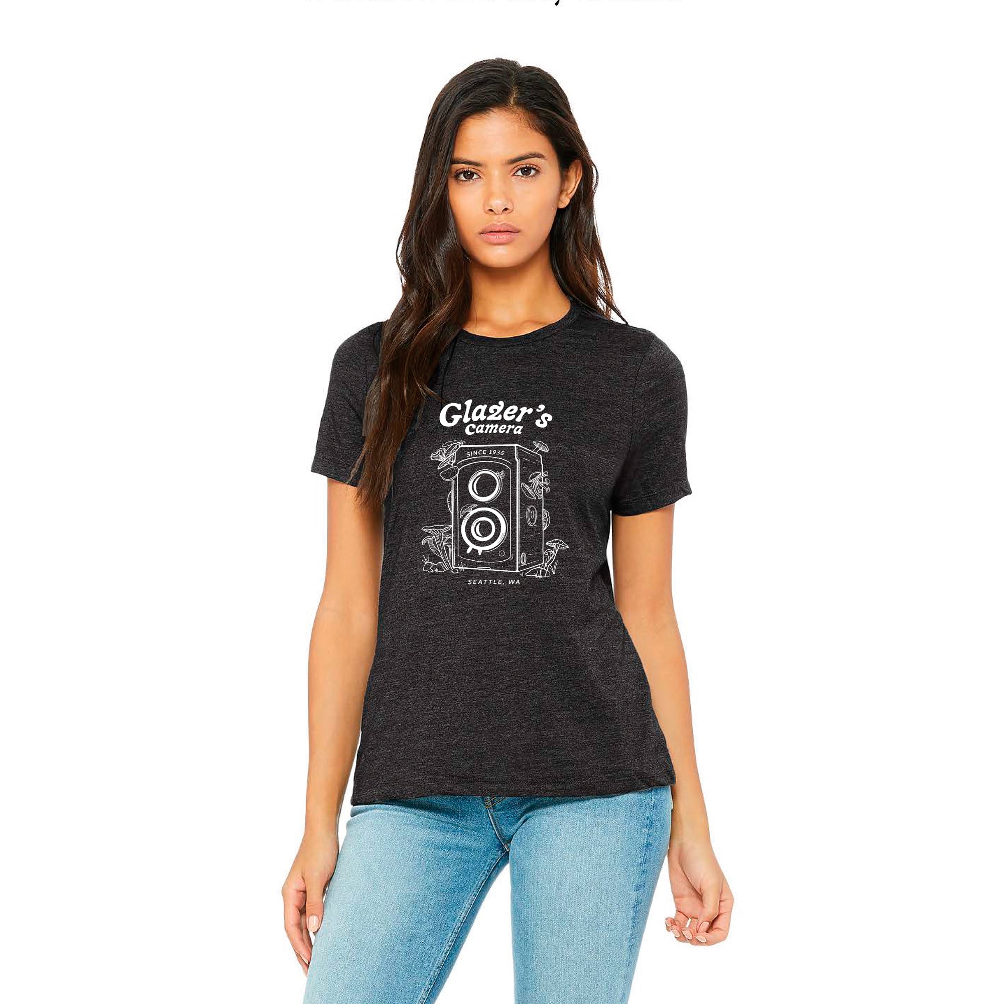 Glazer's Mushroom Camera Graphic T-Shirt for Women - Heather Grey, Small Size | Cute Casual Tee for Photography Lovers, Streetwear & Everyday Wear