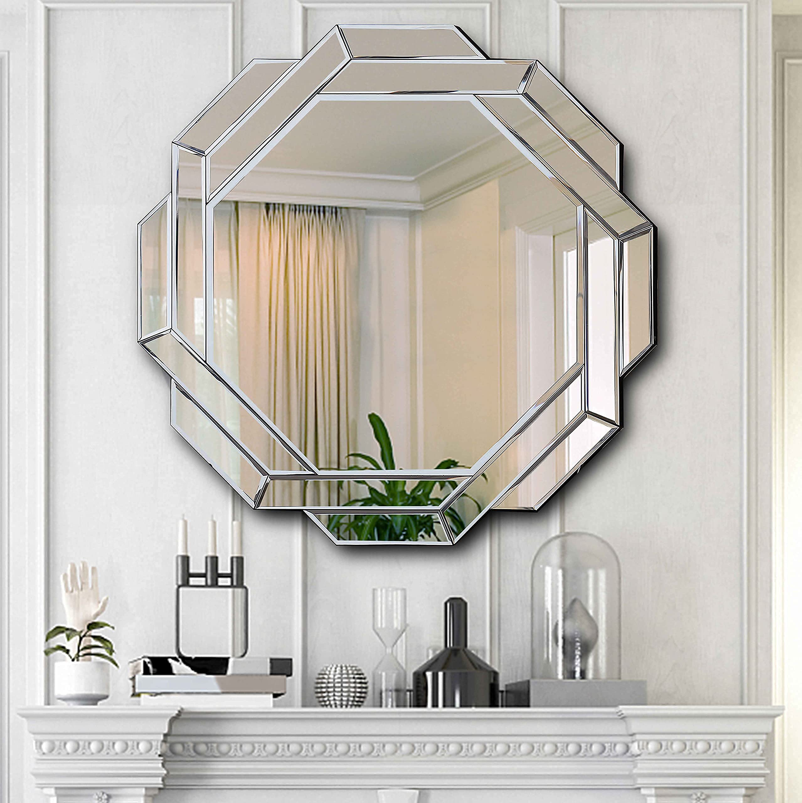 Hexagon Wall Mirror 31.5x31.5 Inches - Silver Frameless Beveled Decorative Mirror for Living Room, Bedroom & Bathroom | Modern Home Decor | Hlartdecor HFY Series