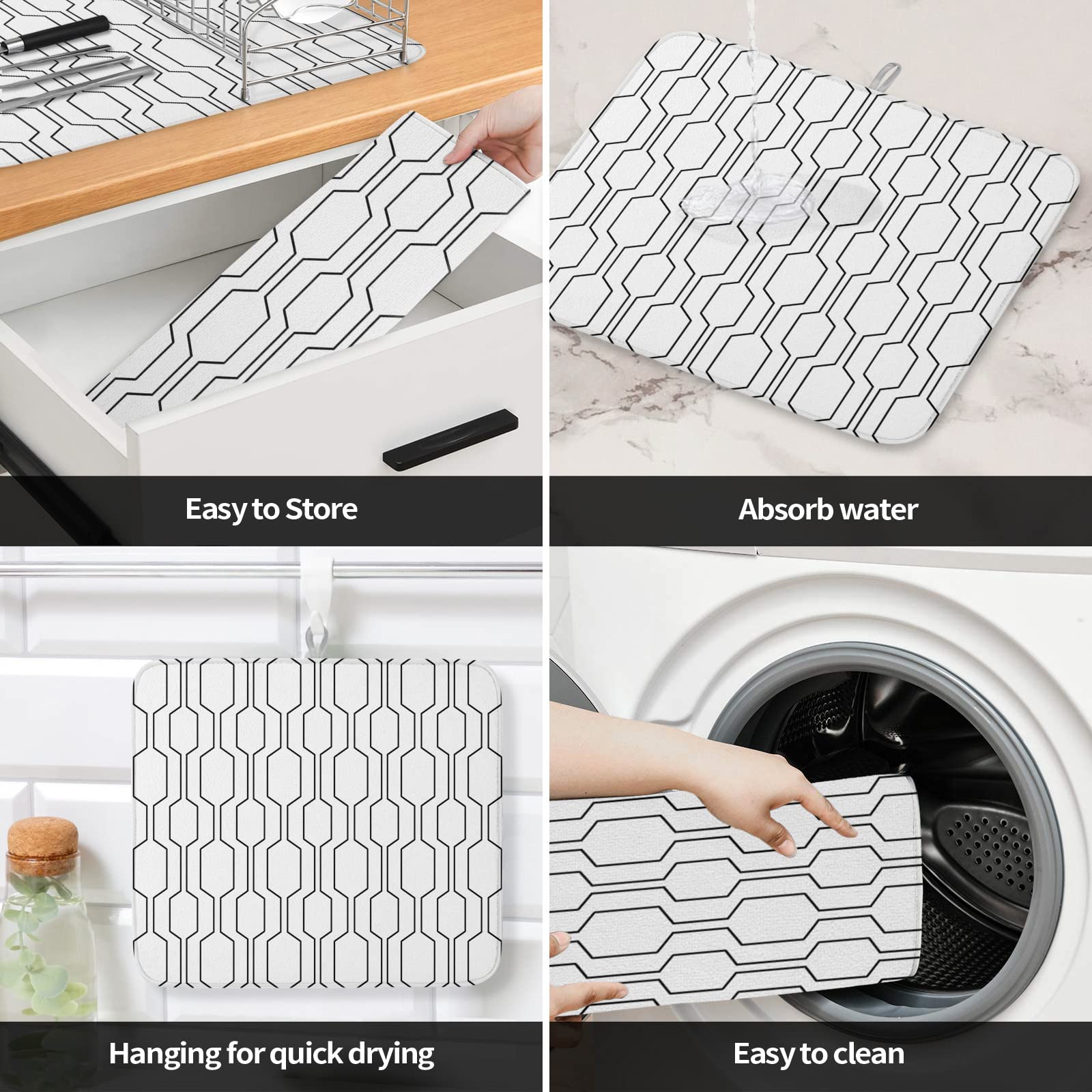 Mid Century Modern Dish Drying Mat - Absorbent Microfiber Kitchen Counter Mat (18x24in) | Quick-Drying, Machine Washable Dish Drainer Rack in Black & White | Perfect for Countertop Protection & Drying Dishes, Utensils & Cookware