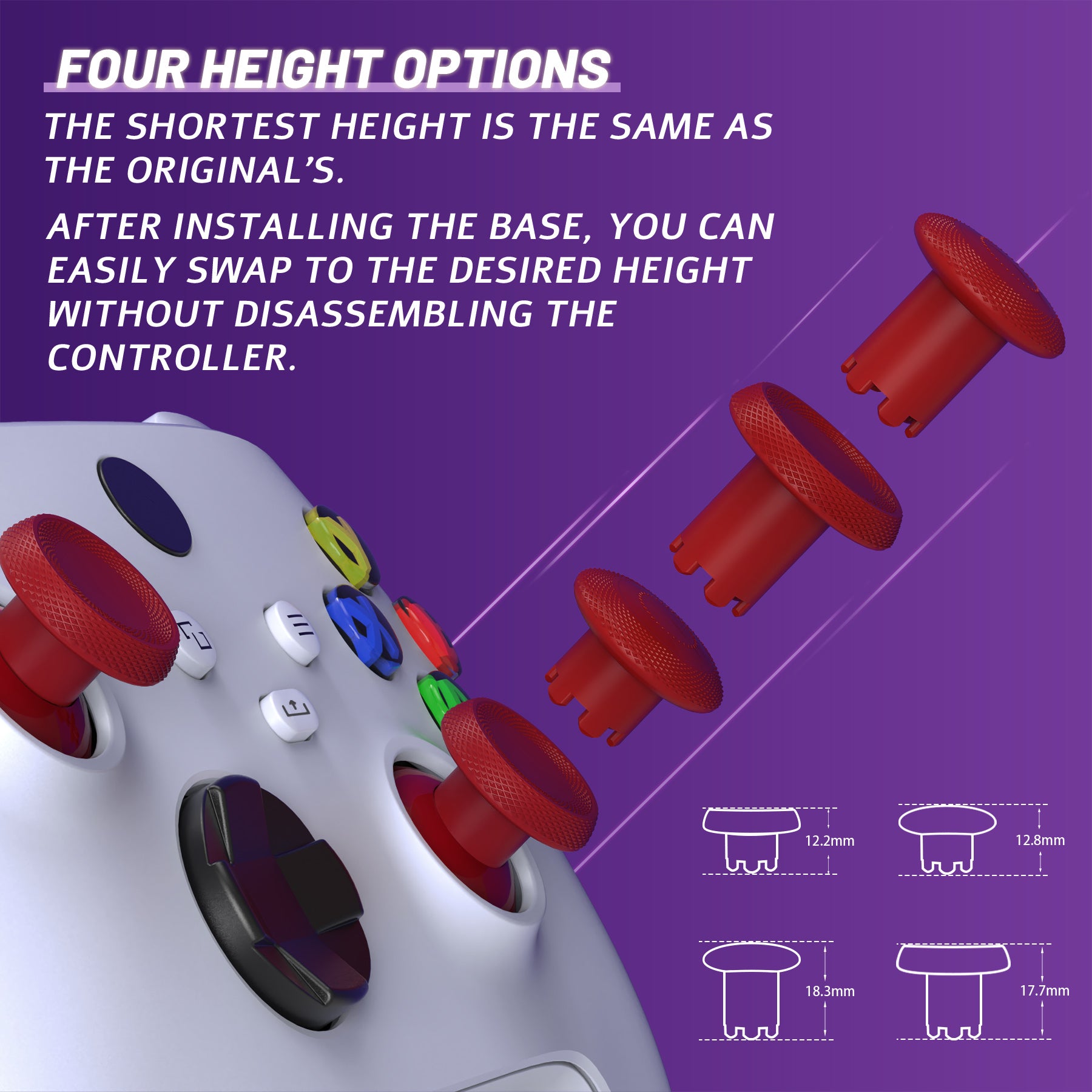 eXtremeRate ThumbsGear V3 Interchangeable Thumbsticks for Xbox Core Controller - 4 Height Adjustable Convex & Concave Grip Joysticks Compatible with Xbox One S/X/Elite & Nintendo Switch Pro Controller (Carmine Red VRVX3M004) - Perfect for Gaming, FPS, Racing & Action Games