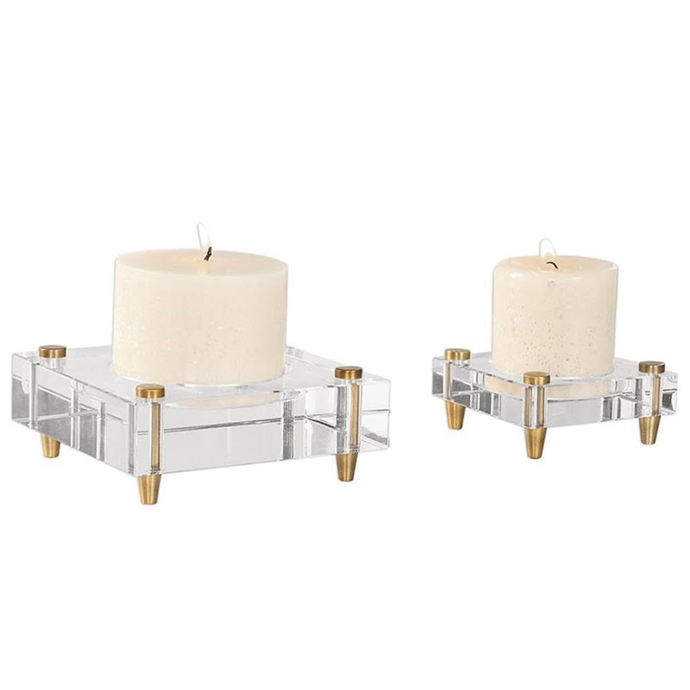 Bowery Hill 2-Piece Brass Crystal Block Candle Holder Set - Elegant Home Decor for Dining Table Centerpiece, Wedding Reception, and Romantic Ambiance
