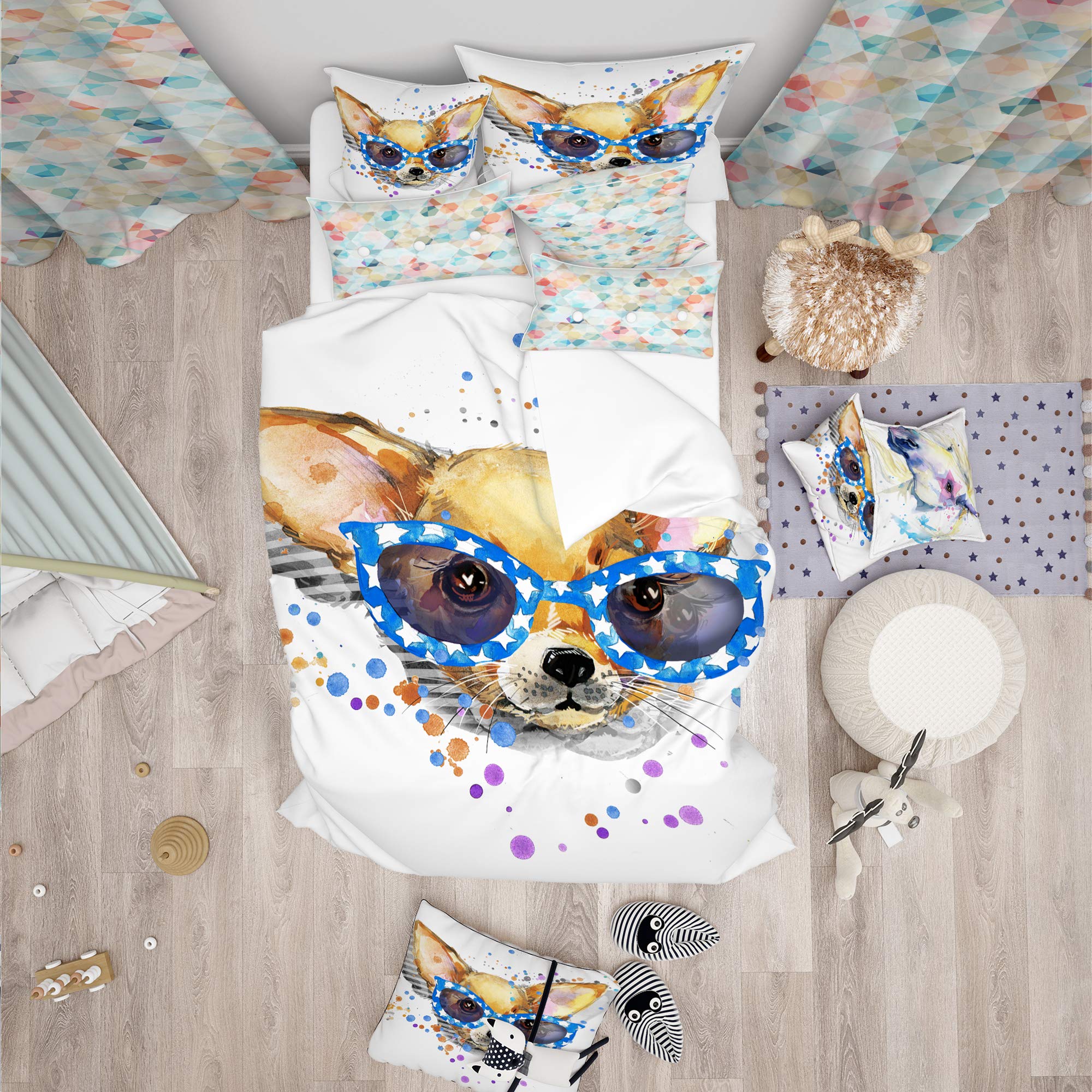 Cute Puppy with Blue Glasses Duvet Cover Set Queen - 3 Piece Animal Print Bedding Set for All Seasons | Soft & Comfortable Traditional Blue Duvet Cover | Perfect for Kids' Rooms, Guest Bedrooms & Cozy Home Decor