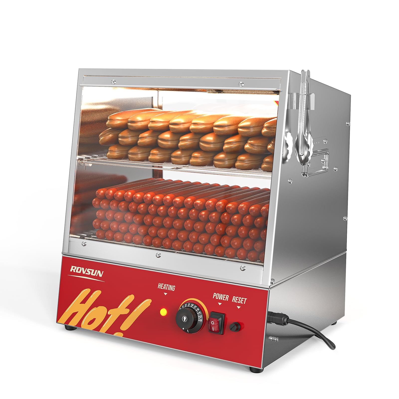 ROVSUN 32QT/30L Commercial Hot Dog Steamer with Bun Warmer – 2-Tier Stainless Steel Hot Dog Cooker for 175 Hot Dogs & 40 Buns – Perfect for Party Events, Concession Stands & Food Trucks – Removable Shelves & Food Clip Included