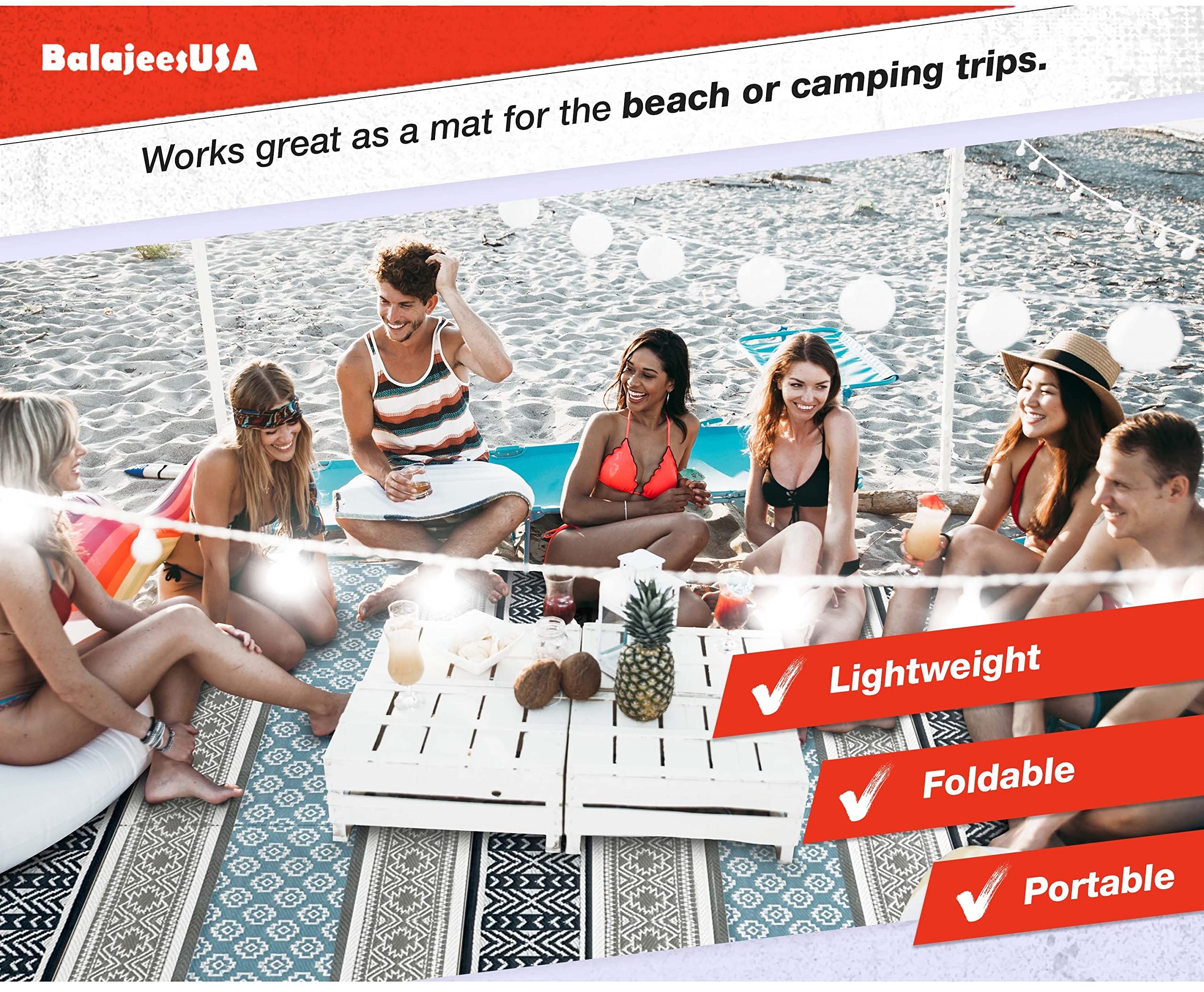 BalajeesUSA 9x18 Reversible Outdoor Rug - Waterproof Recycled Plastic Straw Patio Mat for RV, Camper, Deck, Poolside - Grey & Teal Design | Durable & Eco-Friendly