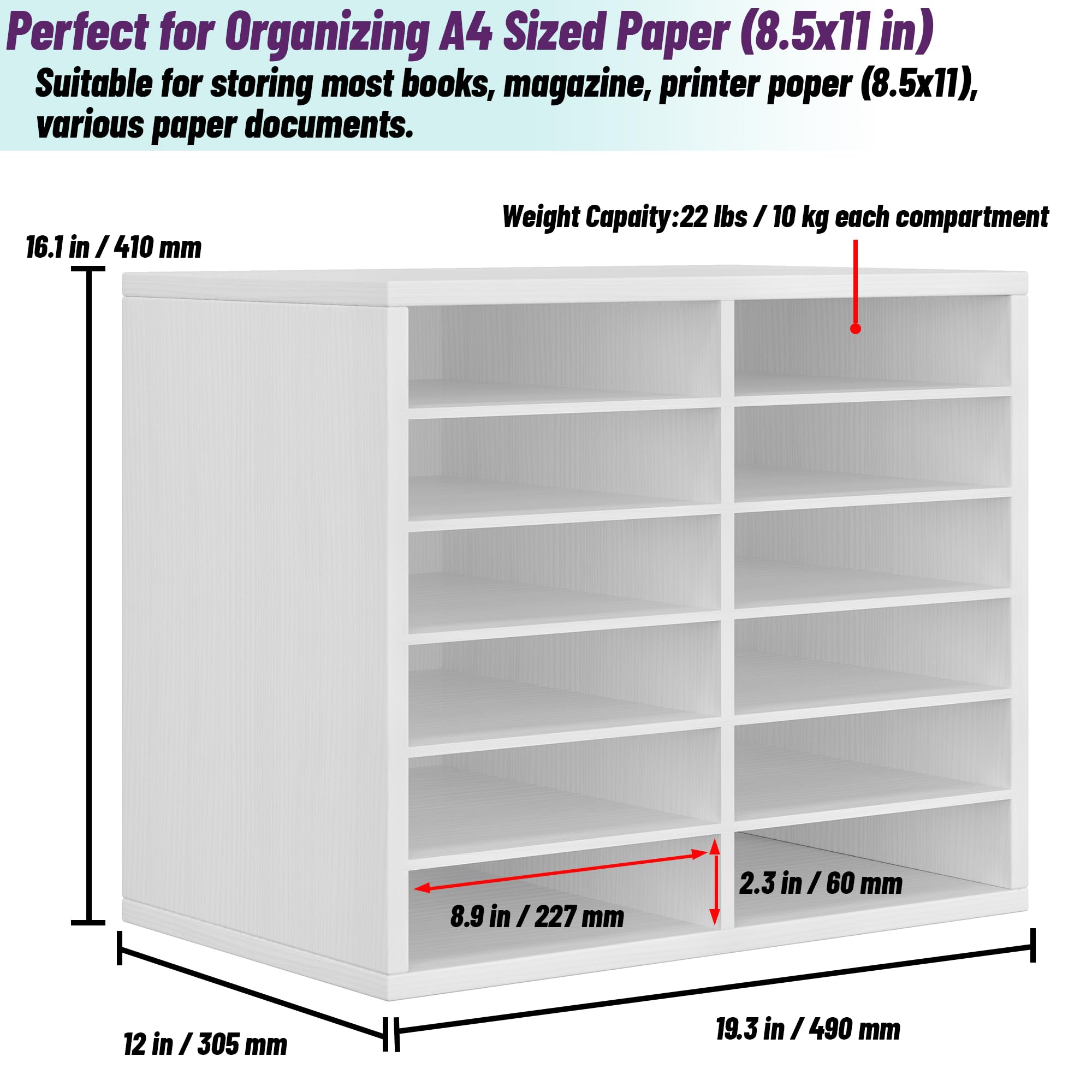 12-Drawer Wooden Desk Organizer with Adjustable Shelves - Office File Storage, Wrapping Paper Organizer & Document Holder for Home, Classroom or Workspace - White (Perfect for Decluttering Desks, Organizing Supplies & Storing Important Files)