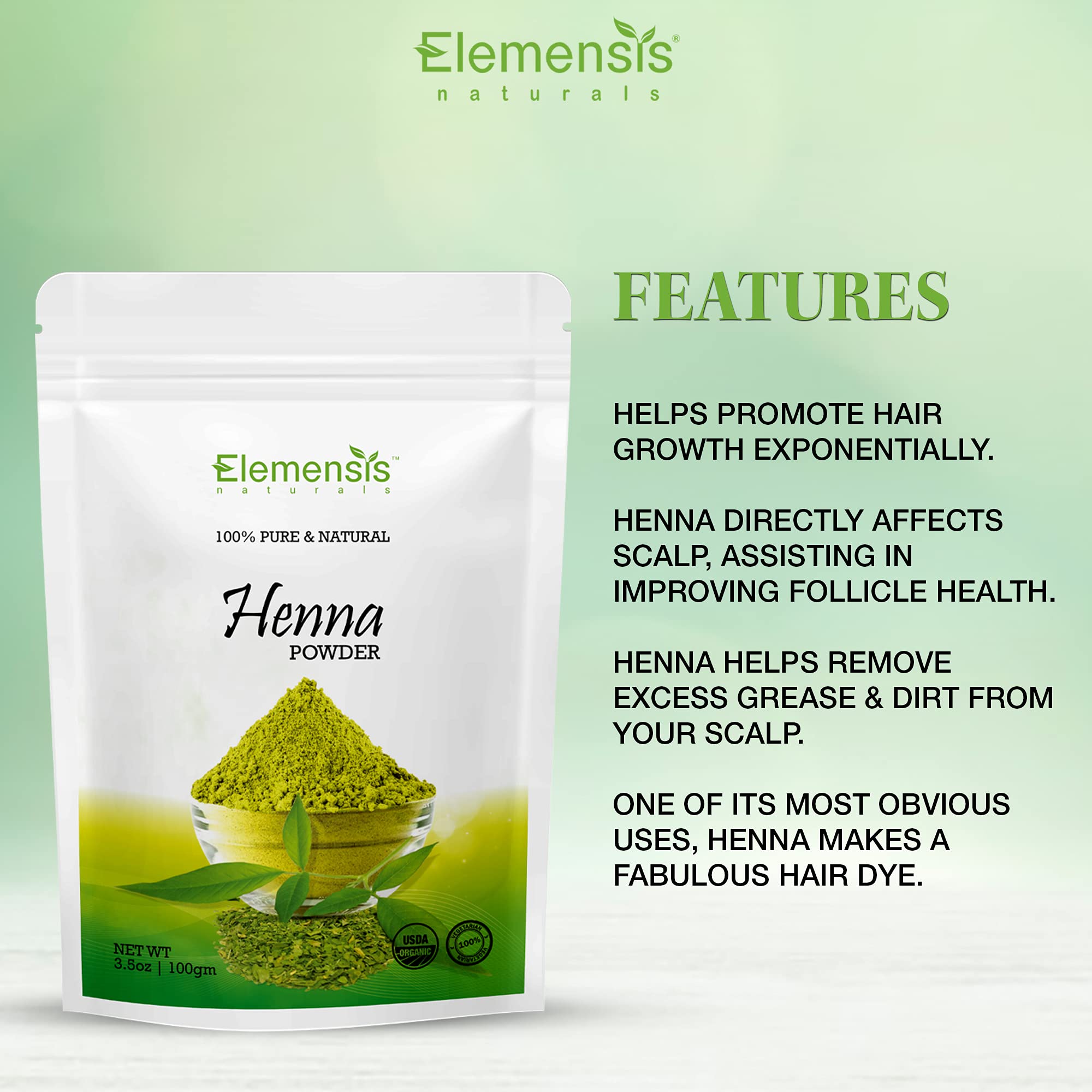Elemensis Naturals Pure & Natural Henna Powder for Healthy Strong Hair - Hair Fall Control & Damage Repair (100g) | DIY Hair Treatment for Shine & Growth | Perfect for Natural Hair Care & Ayurvedic Remedies