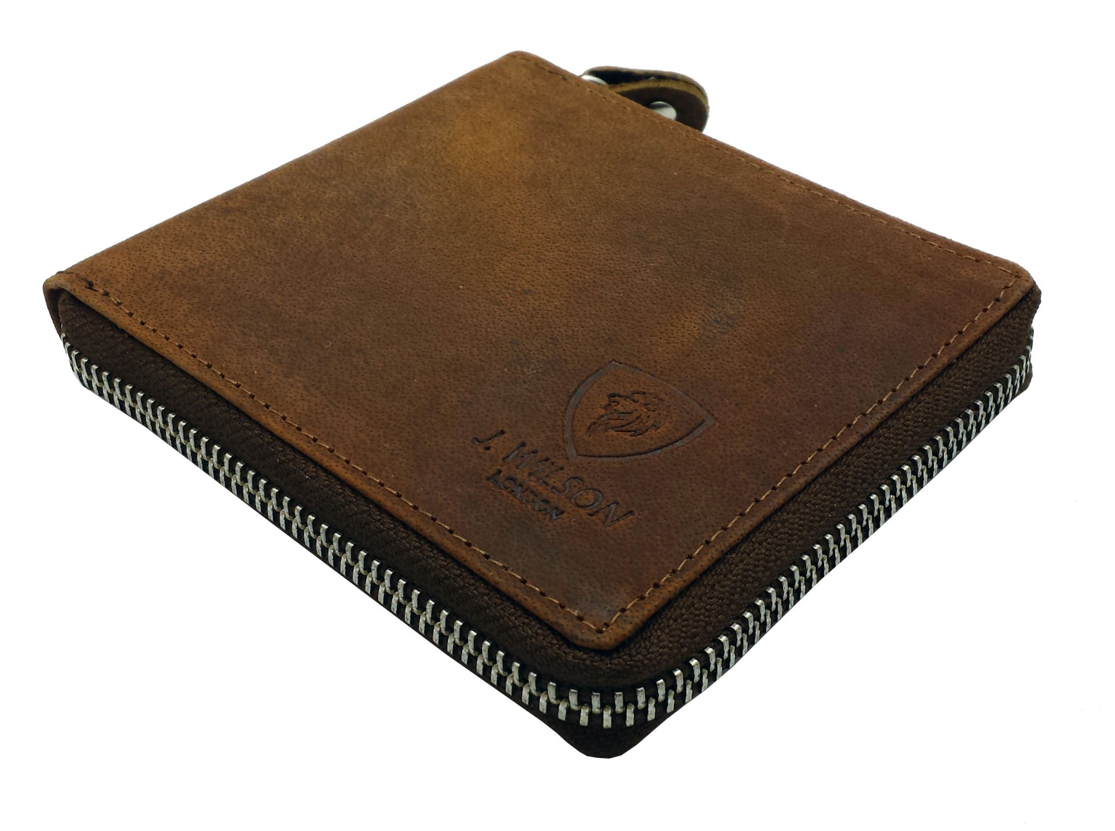 J. Wilson London RFID Blocking Men's Genuine Leather Zip Around Wallet with Coin Pocket - Distressed Brown - Gift Box Included | Secure Travel & Everyday Use Wallet for Credit Cards & Cash