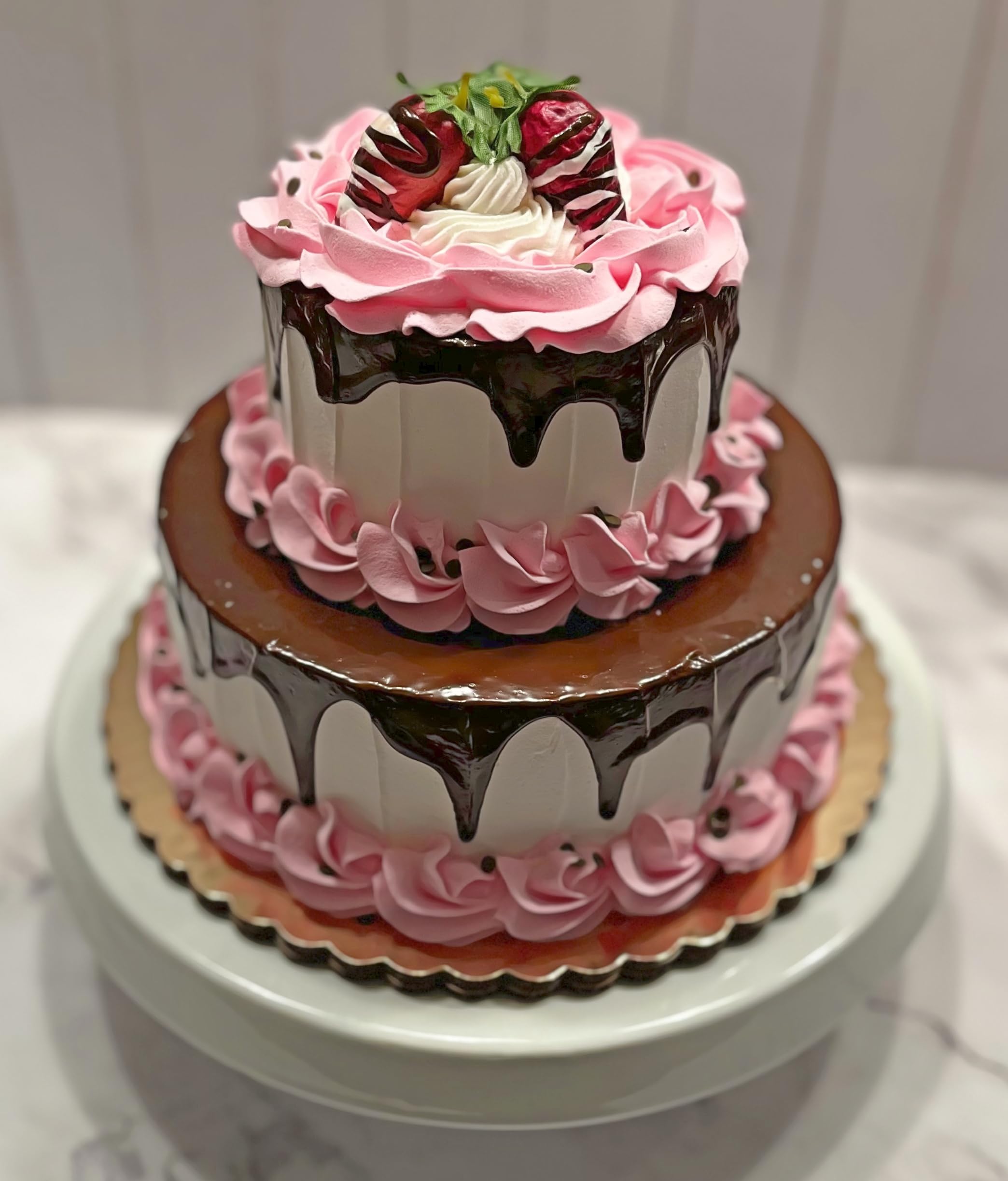 2-Tier Pink Valentine Fake Cake with Chocolate Drizzle - Handmade Artificial Decorative Cake by Dezicakes - Perfect for Wedding Centerpieces, Party Decorations & Photo Props
