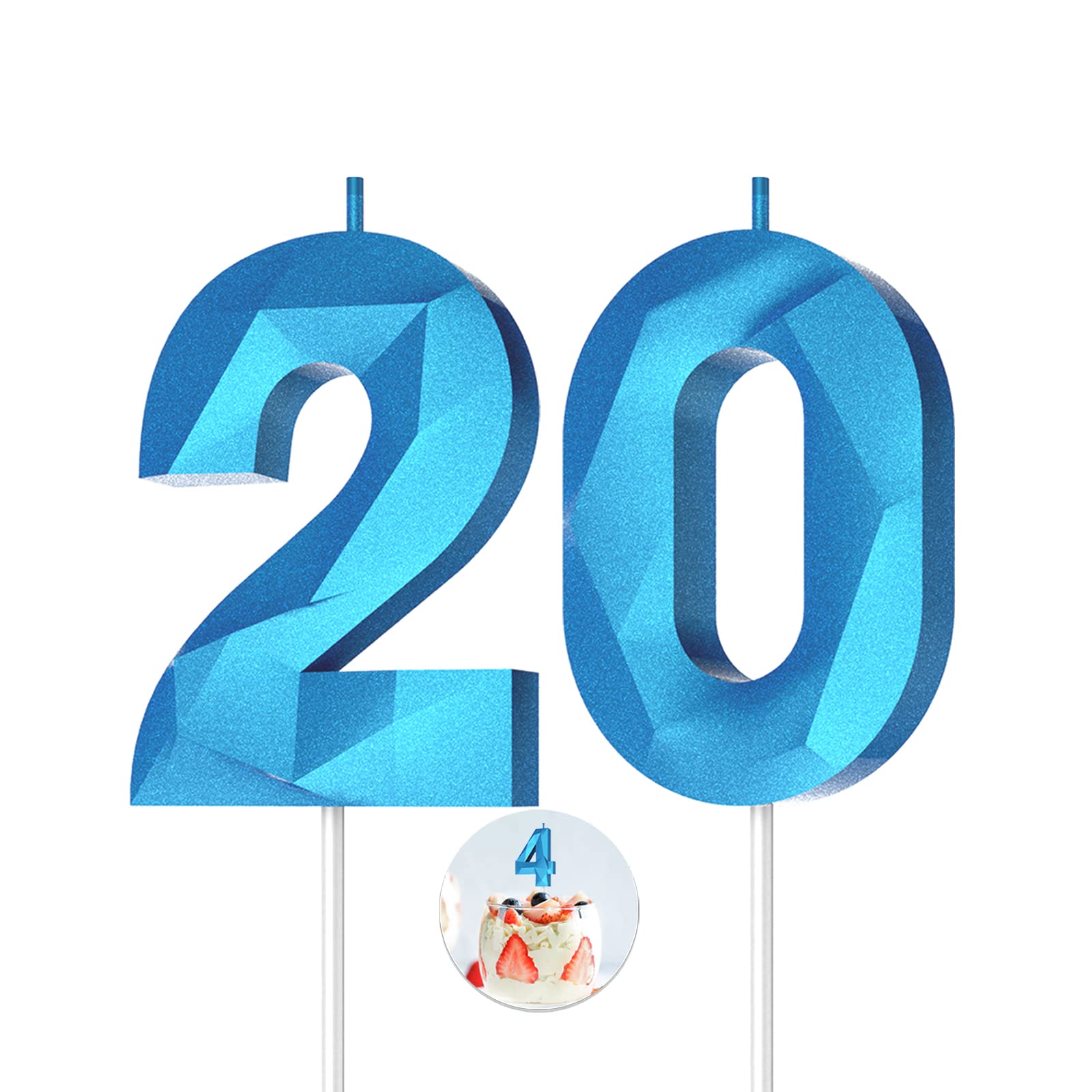 3D Diamond Shape Number Birthday Candles (20-Pack, Blue) - Happy Birthday Cake Candles for Birthday Parties, Weddings, Reunions & Theme Celebrations - Perfect for Cake Decorating, DIY Desserts, and Special Occasions